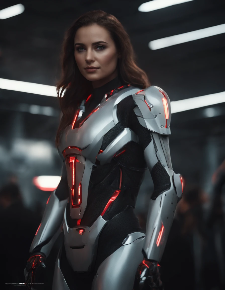 Woman, 18 years old,((best quality)), ((masterpiece)), (detailed), Midjourney Style, close-up, robot, red eyes, concept art, inspired by Marek Okon, digital art, Crysis Nanosuit, futuristic, (glowing elements:1.1), 4:3 aspect ratio, dynamic duo，upper body