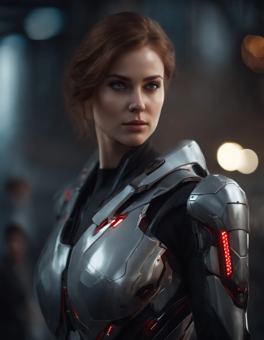 Woman, 1,((best quality)), ((masterpiece)), (detailed), Midjourney Style, close-up, perfect face,red eyes,  exquisite facial texture, and resolute eyes,robot, concept art, inspired by Marek Okon, digital art, Crysis Nanosuit, futuristic, (glowing elements:1.1), 4:3 aspect ratio, dynamic duo，upper body