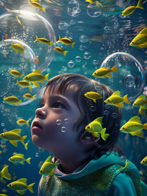 n Underwater scene with fish swimming, In the Style of René Magritte, A child is watching in wonder from bubbles, colorful bubble, Close-up shots of children in this surreal scene, Alec Soth rendered in Unreal Engine 5, luminism, Cinematic lighting, retina...