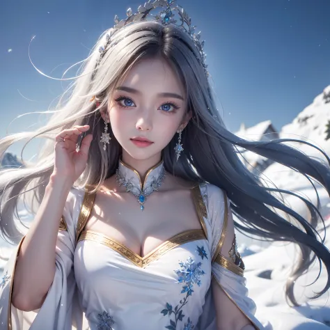 Best texture, High quality, Ultra HD, 8K, Full body photo, panoramic photo, Snow, Flying snowflakes, Dancing in the snow, girl, Full of silver jewelry, Hmong clothing, Silver Phoenix Crown, Melon Seed Face, Ultra-detailed face, Blue eyes, long eyebrows, Fa...