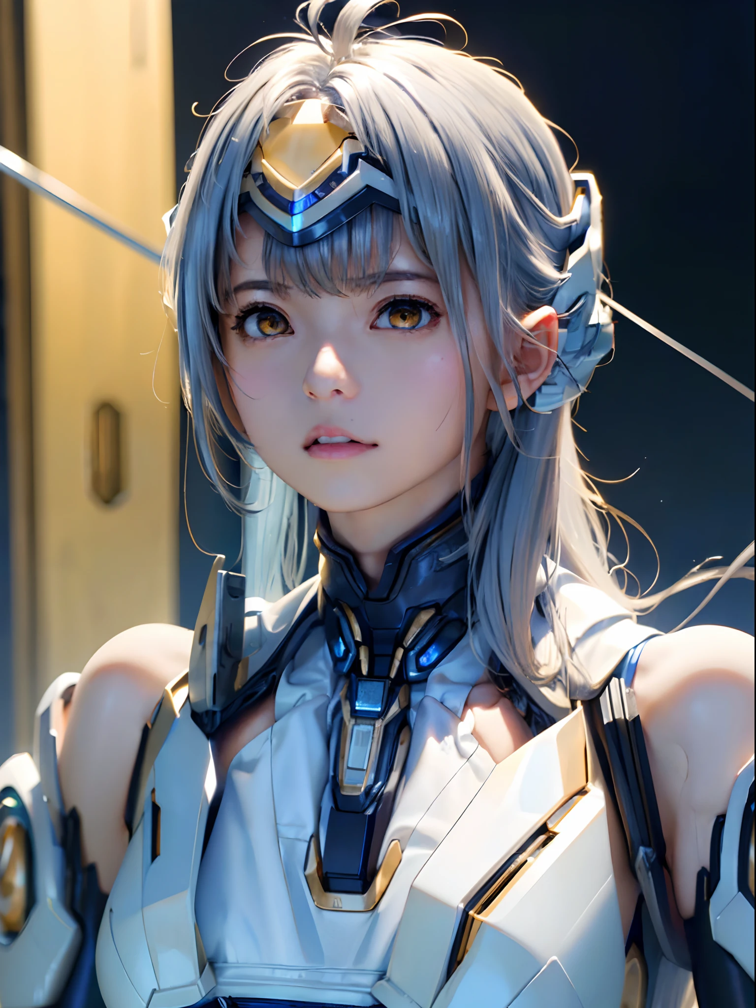 top-quality、​masterpiece、超A high resolution、(Photorealsitic:1.4)、女の子1人、Light blue hair、Straight hair, shiny and clean hair、White shiny skin、Sexy Cyberpunk Girl、((super realistic details))、Shadow、octan render、ultrasharp、hyperdetailed face、Fiberglass、Luminous tube、highly intricate detail、Realistic light、CGSoation Trends、((Golden Eyes))、(Facing the camera)、neon details、Mechanical limbechanical vertebrae attached to the back、mechanical cervical attaching to neck、Wires and cables connecting to the head、((valkyrie))、((Beam Cannon))、Combat stance
