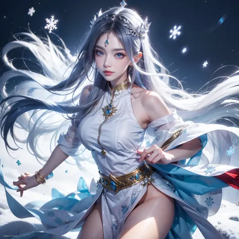 Best texture, High quality, Ultra HD, 8K, The upper part of the body, panoramic photo, Snow, Flying snowflakes, Dancing in the snow, girl, Full of silver jewelry, Hmong clothing, Silver Phoenix Crown, Melon Seed Face, Ultra-detailed face, Blue eyes, long e...