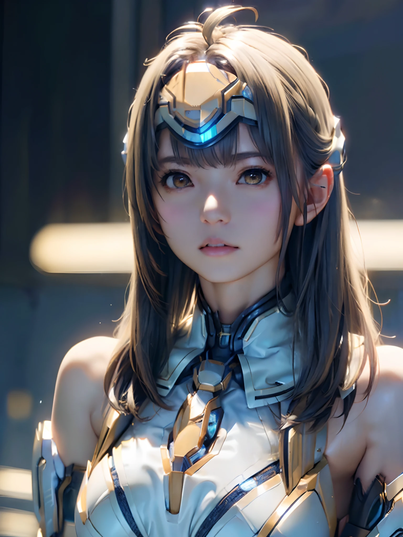 top-quality、​masterpiece、超A high resolution、(Photorealsitic:1.4)、女の子1人、Light blue hair、Straight hair, shiny and clean hair、White shiny skin、Sexy Cyberpunk Girl、((super realistic details))、Shadow、octan render、ultrasharp、hyperdetailed face、Fiberglass、Luminous tube、highly intricate detail、Realistic light、CGSoation Trends、((Golden Eyes))、(Facing the camera)、neon details、Mechanical limbs、Mechanical vertebrae attached to the back、mechanical cervical attaching to neck、Wires and cables connecting to the head、((valkyrie))、((Beam Cannon))、Combat stance