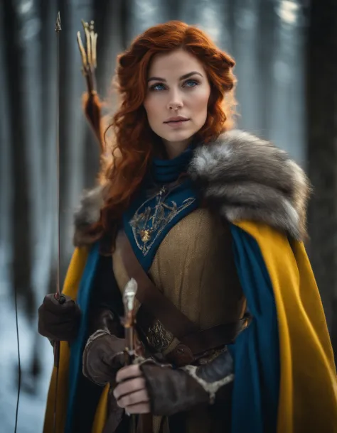 Woman with an ice tiara on her head and a navy blue winter cloak with golden details, RPG personagem, Medieval era,Mulher elfa. Red-haired Elf, Blue Eyes,Forest Elf, Medieval Archer,Bow and Arrow,Moss Green Armor,soft illumination,Standing in the middle of...