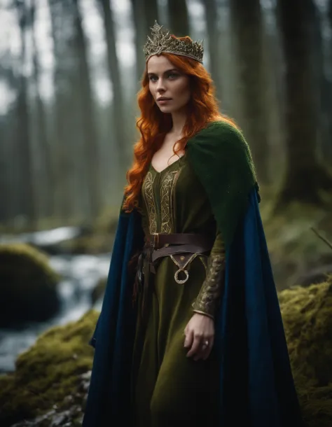 Woman with an ice tiara on her head and a navy blue winter cloak with golden details, RPG personagem, Medieval era,Mulher elfa. Red-haired Elf, Blue Eyes,Forest Elf, Moss Green Armor,soft illumination,Standing in the middle of the forest,Dense forest, fant...