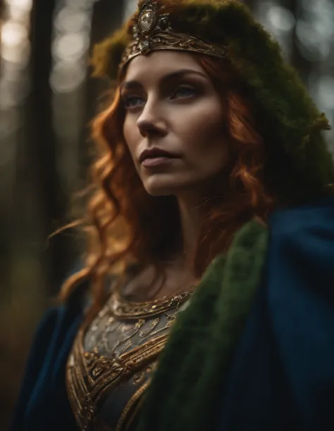Woman with an ice tiara on her head and a navy blue winter cloak with golden details, RPG personagem, Medieval era,Mulher elfa. Red-haired Elf, Blue Eyes,Forest Elf, Moss Green Armor,soft illumination,Standing in the middle of the forest,Dense forest, fant...