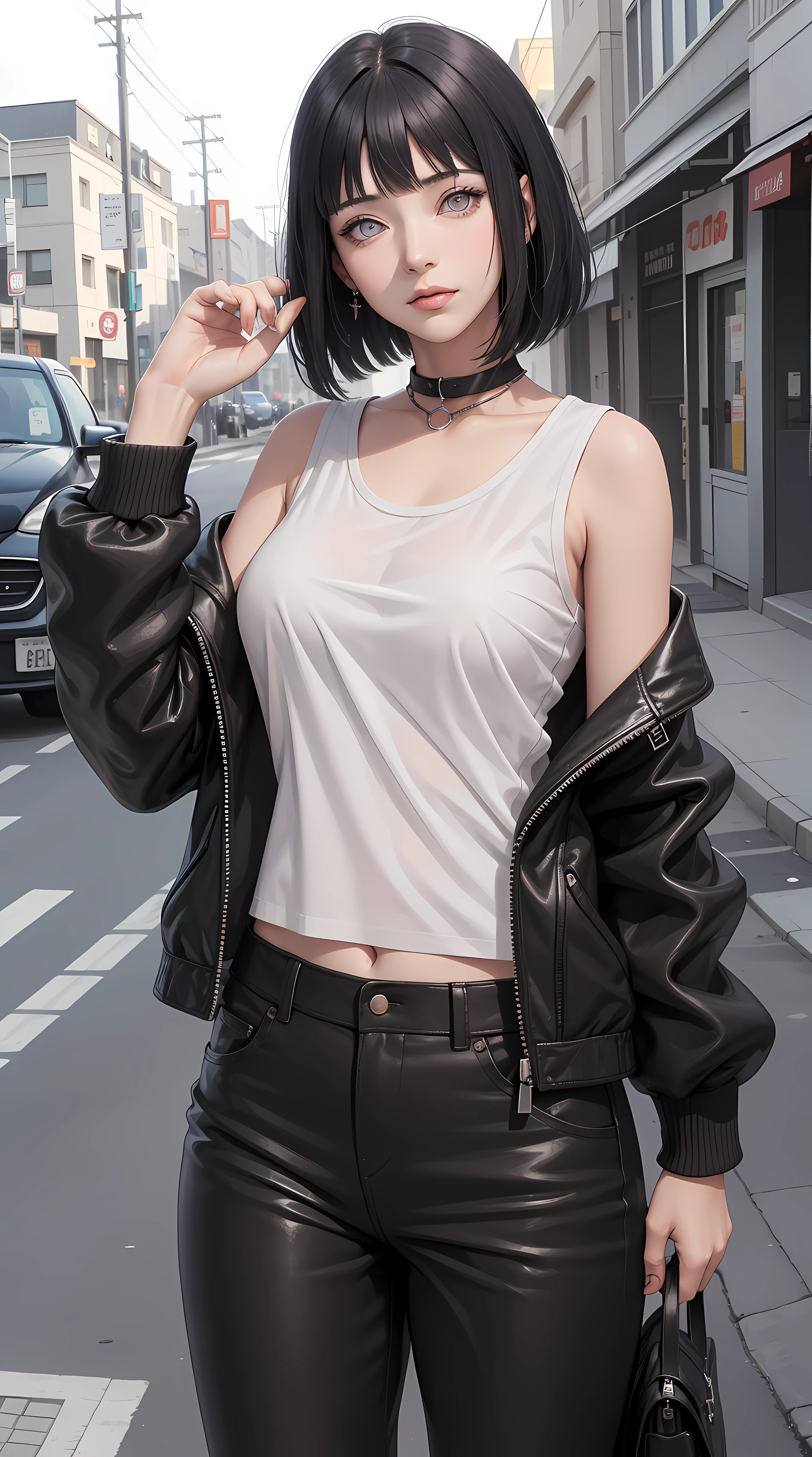 hinata\(boruto\), hinata from the anime naruto, light purple eyes, shoulder length hair, black hair, bangs, beautiful, beautiful woman, perfect body, perfect breasts, wearing a white t-shirt, black leather jacket, long black pants, cilak, jewelry, on the street, roadside, at night, evening, looking at the viewer, a slight smile, realism, masterpiece, textured leather, super detail, high detail, high quality, best quality, 1080p, 16k