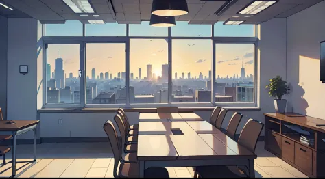 There is a large meeting room with tables and chairs,There is a big window on the side，The view of the city from the window