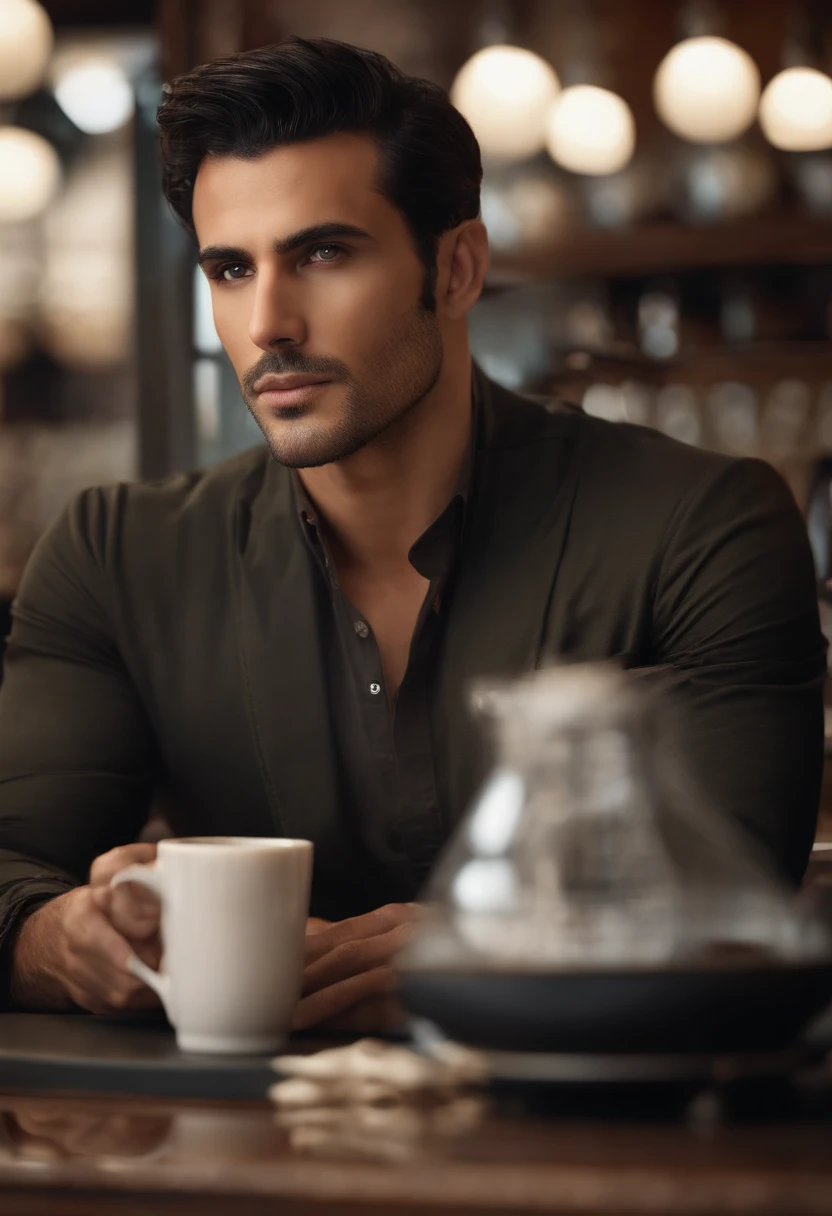 (front view) very detailed  photograph of a italian man, detailed coffee shop background, (with black hair), (dark eyes) (symmetric handsome face) nice and well defined nose, (well marked and angular jaw), proportioned and full lips, stunning realistic photography, realistic soft color, octane render, intricately detailed, sharp focus, stunning full color, shot on DSLR camera, 32k resolution, best quality, (focus on skin texture)