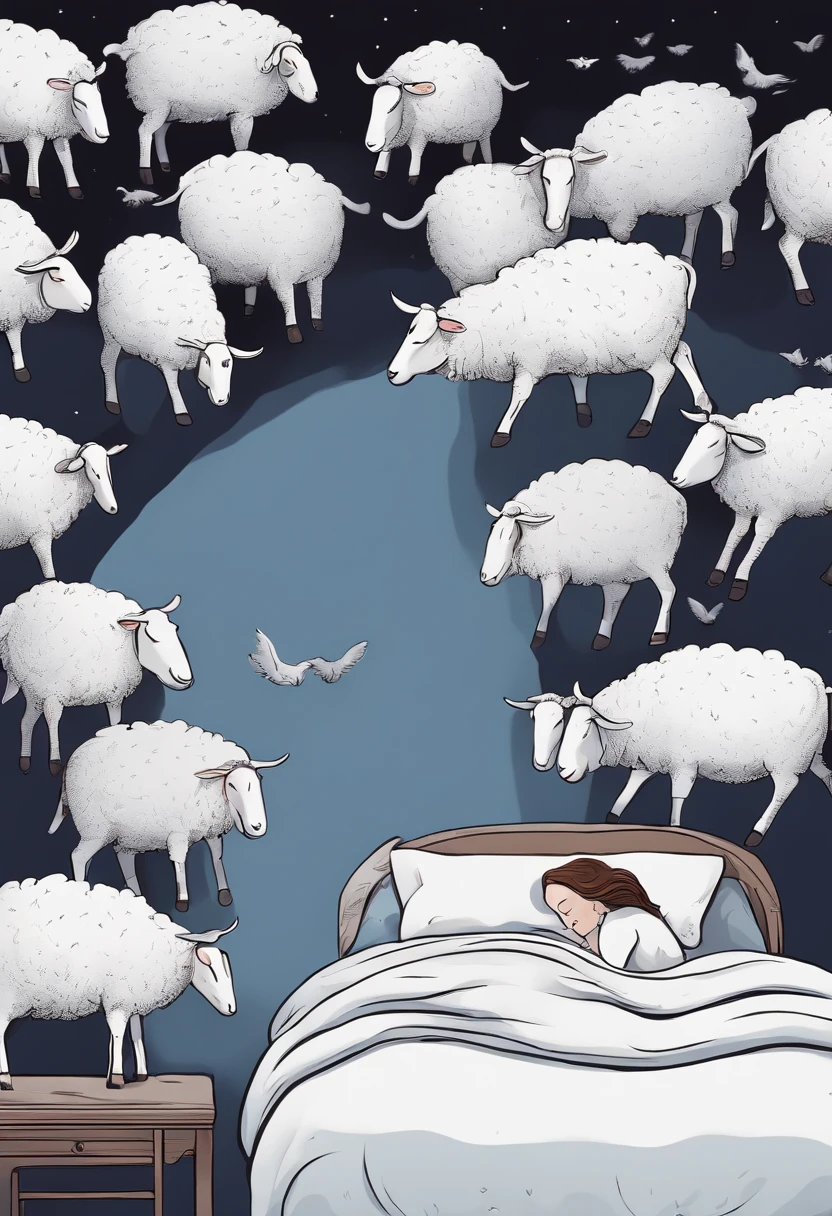 a cartoon of a woman sleeping in bed with sheep and sheep, insomnia, holosomnia, abcdefghijklmnopqrstuvwxyz, it is night time, snoring, nightmare fuel!!!, i slept in segments last night, no lights in bedroom, nightmare inducing, it's night time, bed is not made, very coherent image