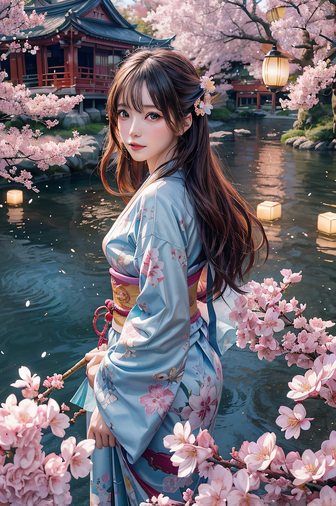 best quality,fantasy,anime,beautiful detailed eyes,long flowing hair,bright colorful scenery,meandering river and cherry blossom trees,traditional Japanese architecture,peaceful and serene atmosphere,captivating mystical creatures,realistic kimono pattern,floating lanterns,soft warm lighting,ethereal and dreamlike quality,whimsical and enchanting.