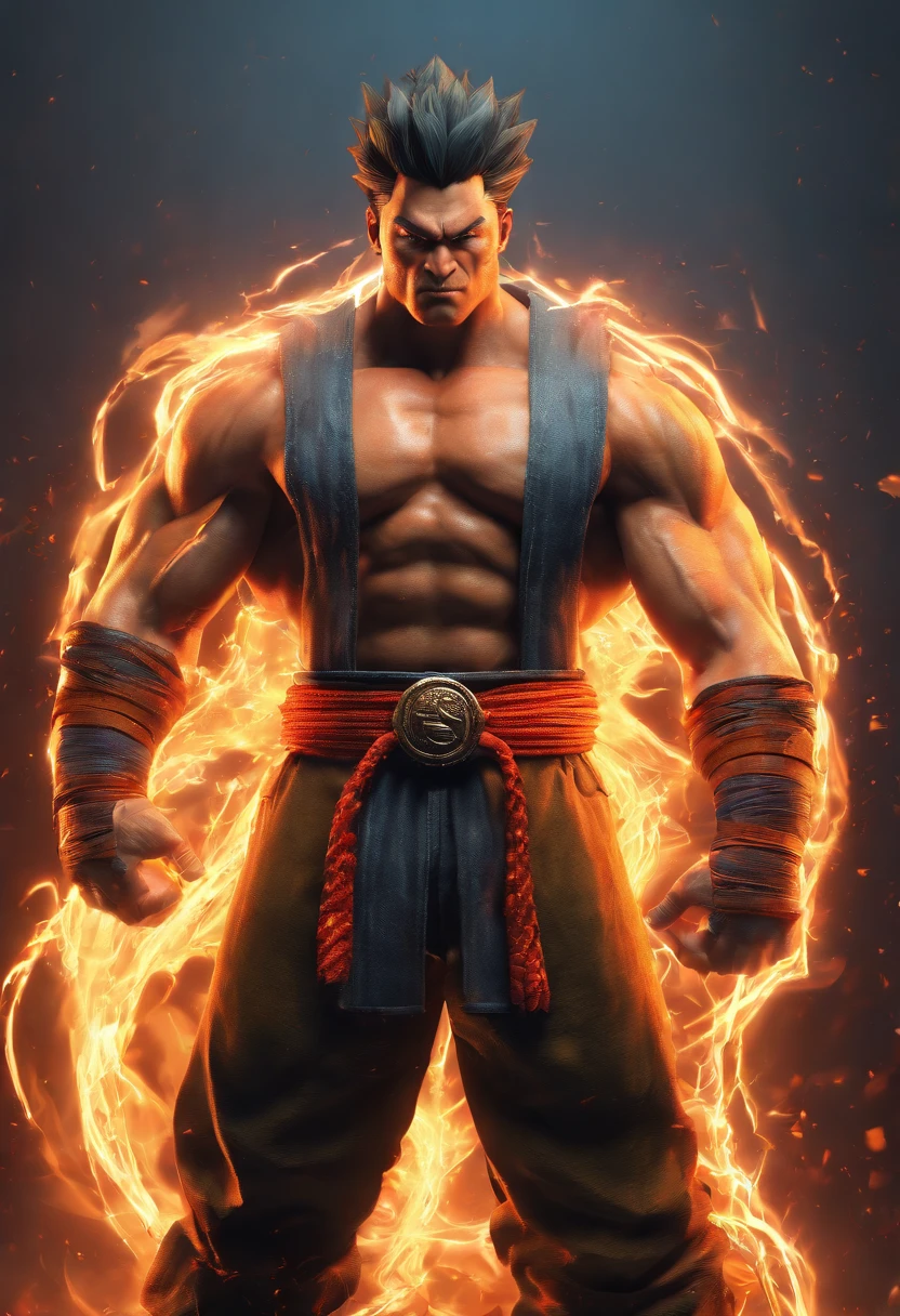 Tough Super Saiyan muscle in Mortal Kombat 3d model, cinematic lighting, rendering, red eyes, long hair, no shirt with chains on his torso and wrists, orange martial arts pants along with a blue belt