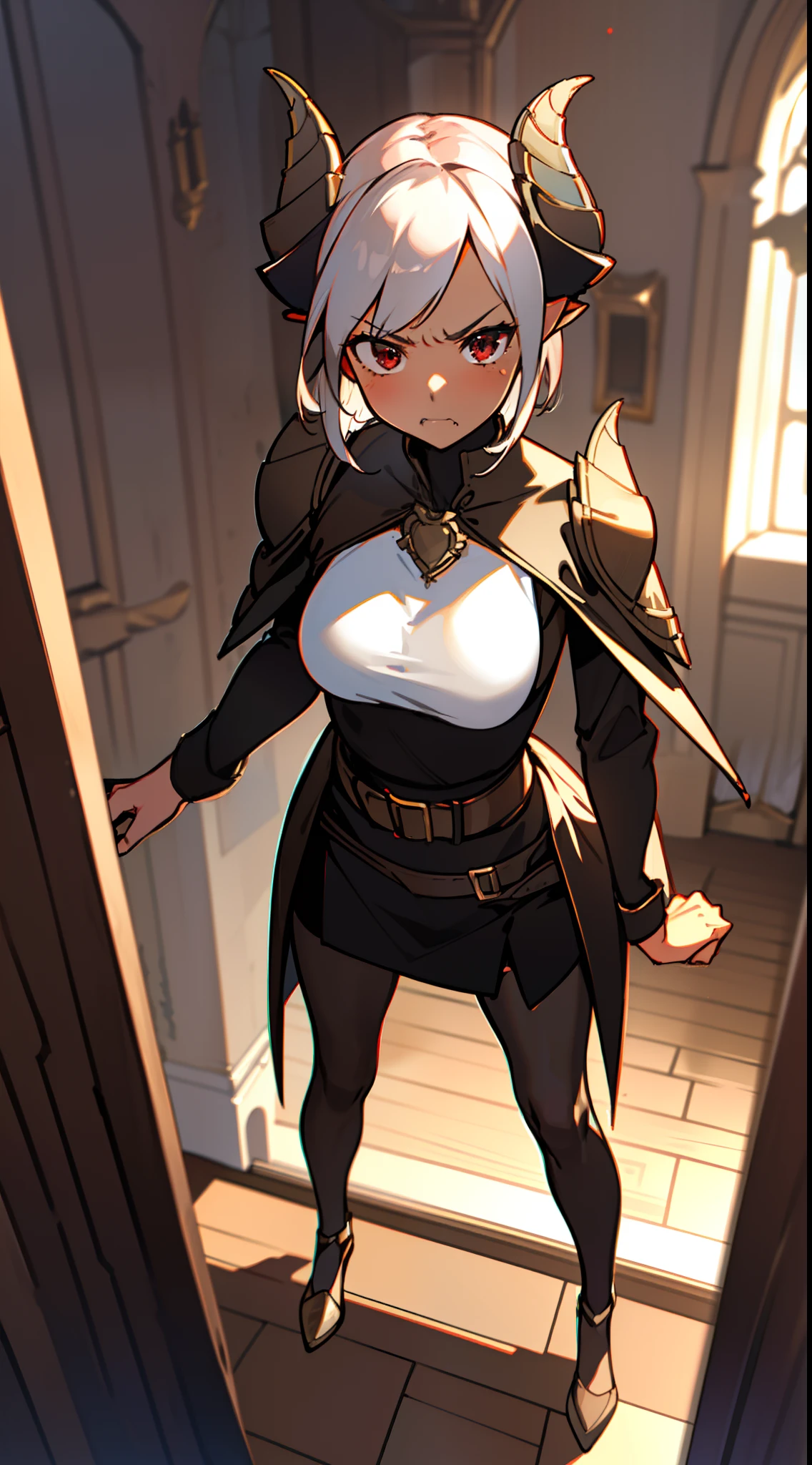 1girl 20 years,solo,((angry)),(((brown skin))),black and golden short armor,medium tits,white hair,short hair,red eyes,elves ears,black horns,black pantyhose,waist cape,Detailed,(((standing in front of a room inside a castle))),hd,masterpiece,8k