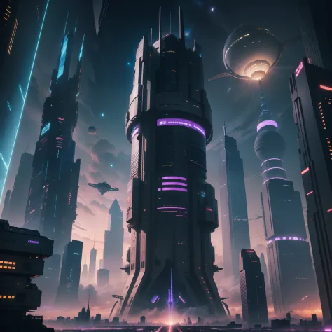 Space City、Futuristic cities、alien、floating in the universe、A cyberpunk futuristic city drawn on an overwhelming scale、The streets are lined with skyscrapers、A space station、top-quality、​masterpiece、、dream、utopian、planet earth、、Fromantic、Beautiful city、