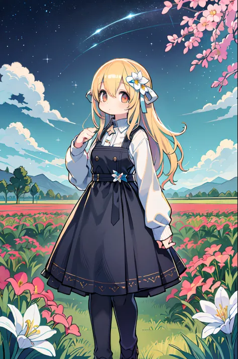 There is a girl standing in a flower field and looking up at the sky, Girl Standing In A Flower Garden, girl walking in flower field, Lost in Dreamy Wonderland, stands in a flowering field, Awesome digital painting, Sky is Xu々It will be sunny to, Starry sk...