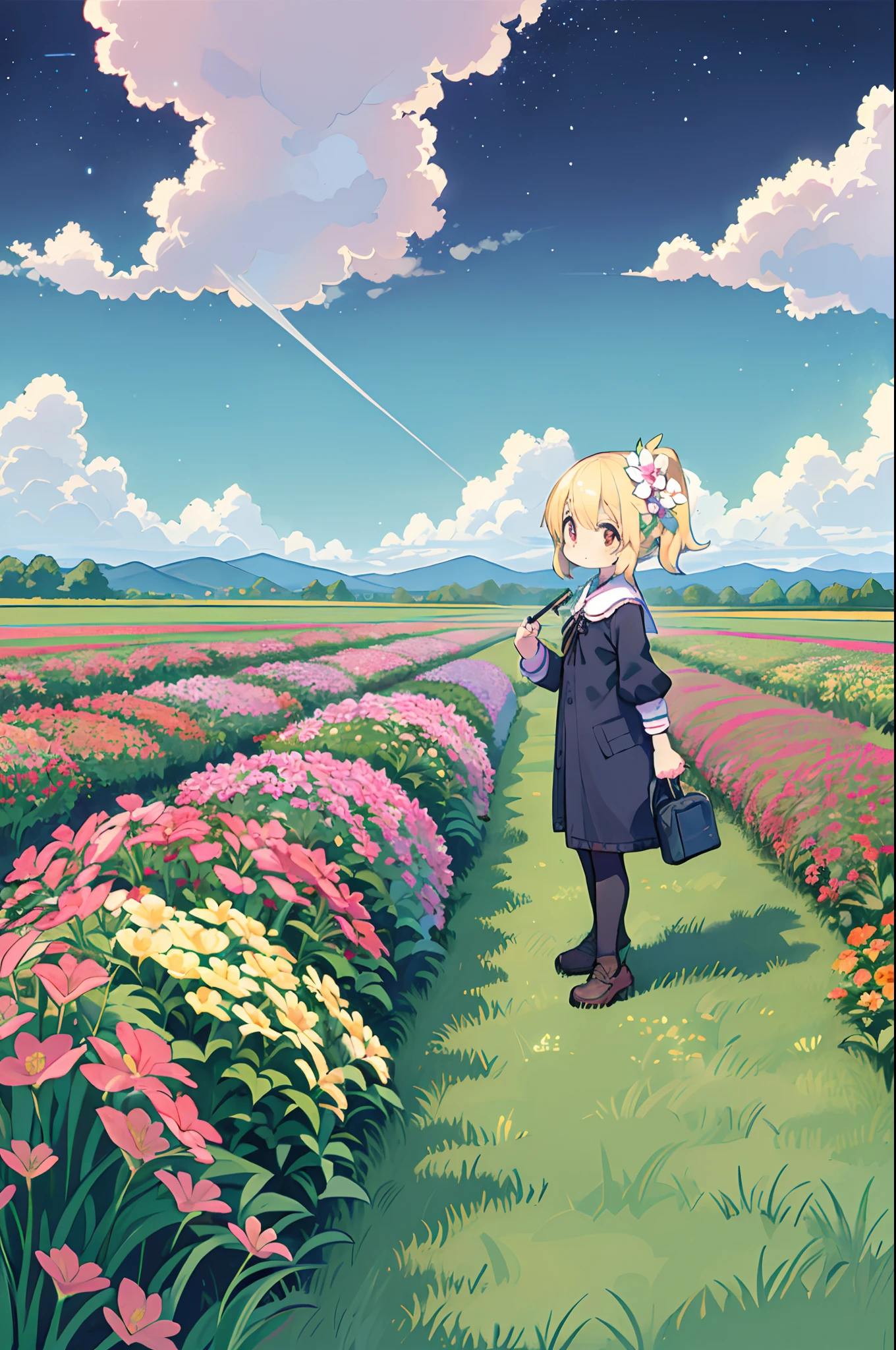 There is a girl standing in a flower field and looking up at the sky, Girl Standing In A Flower Garden, girl walking in flower field, Lost in Dreamy Wonderland, stands in a flowering field, Awesome digital painting, Sky is Xu々It will be sunny to, Starry sky is Xu々Retreat to