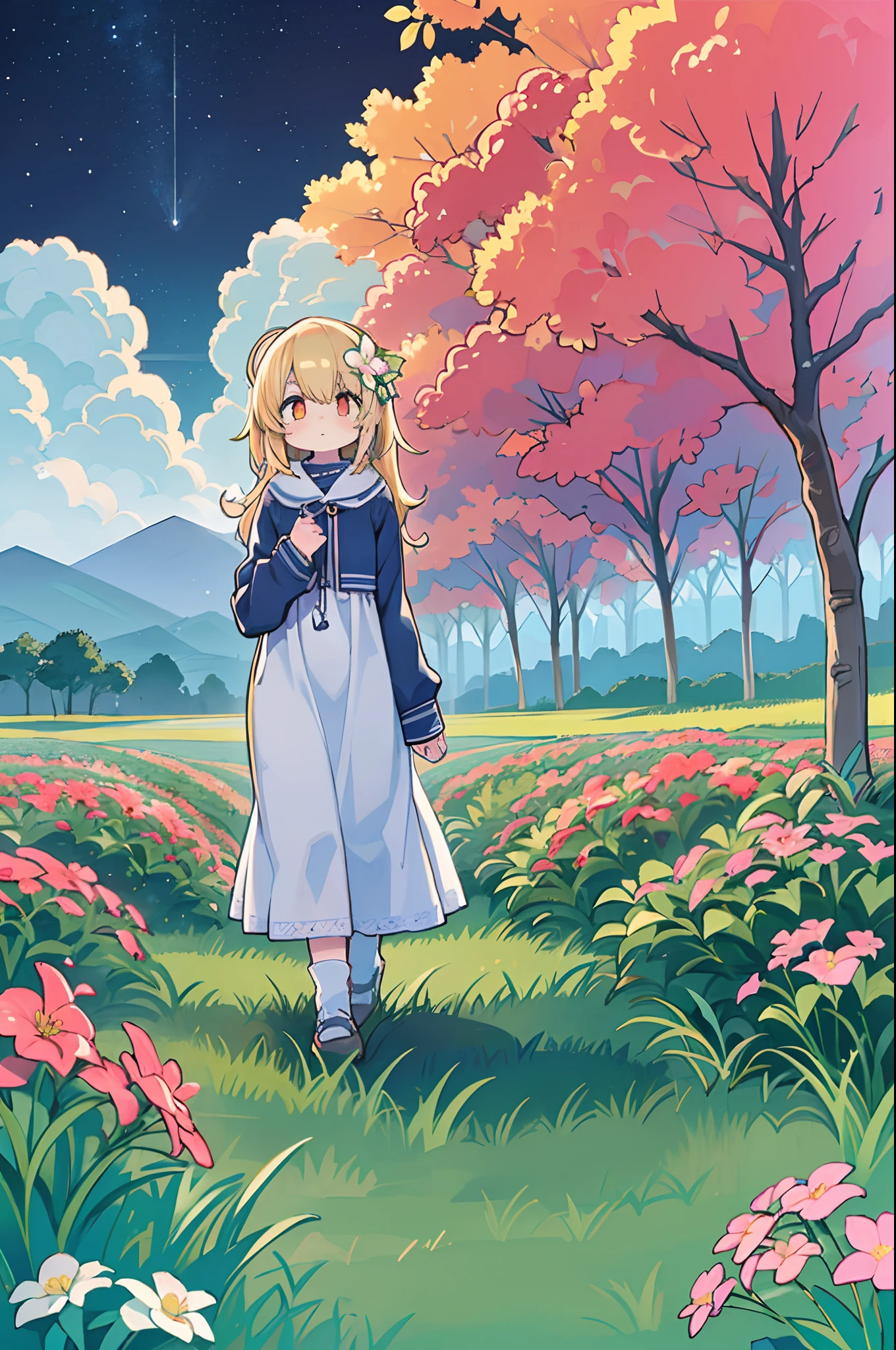 There is a girl standing in a flower field and looking up at the sky, Girl Standing In A Flower Garden, girl walking in flower field, Lost in Dreamy Wonderland, stands in a flowering field, Awesome digital painting, Sky is Xu々It will be sunny to, Starry sky is Xu々Retreat to