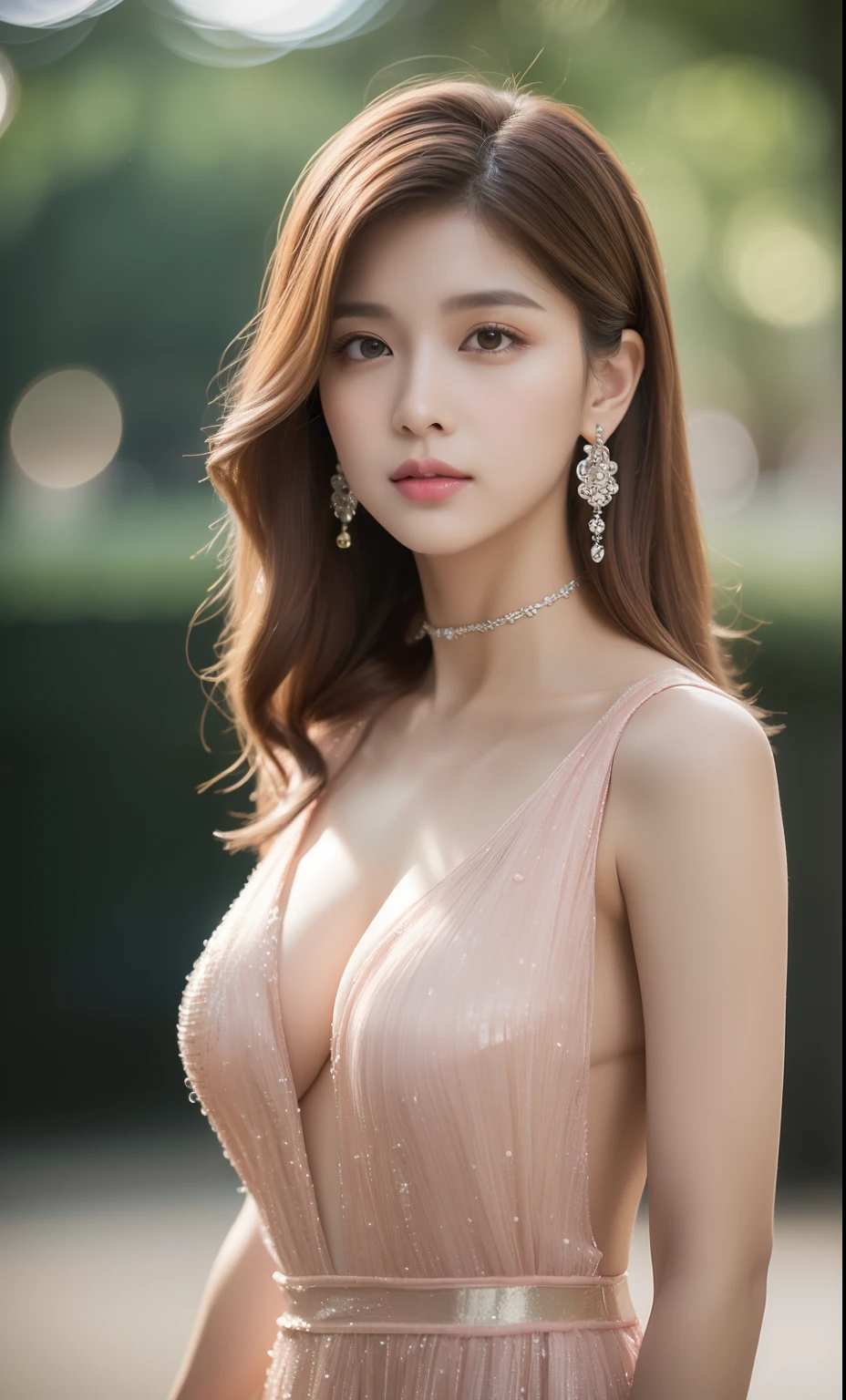 half-body photo of a korean girl, (Perfect beauty:1.37), ((platinum brown  hair)), (huge:1.47)(((perfect natural breasts))), cleavage - SeaArt AI