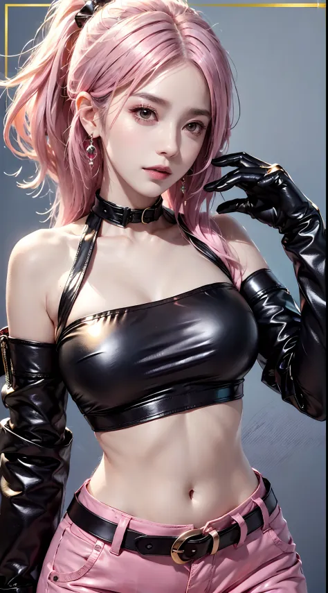photorealistic, high resolution, 1women, mature female, solo, hips up,k/da_kai'sa,jewelry, earrings, makeup, bare shoulders, crop top, black crop top, collarbone, collar, shiny clothes, detached sleeves, crystals, gloves, elbow gloves, single fingerless gl...