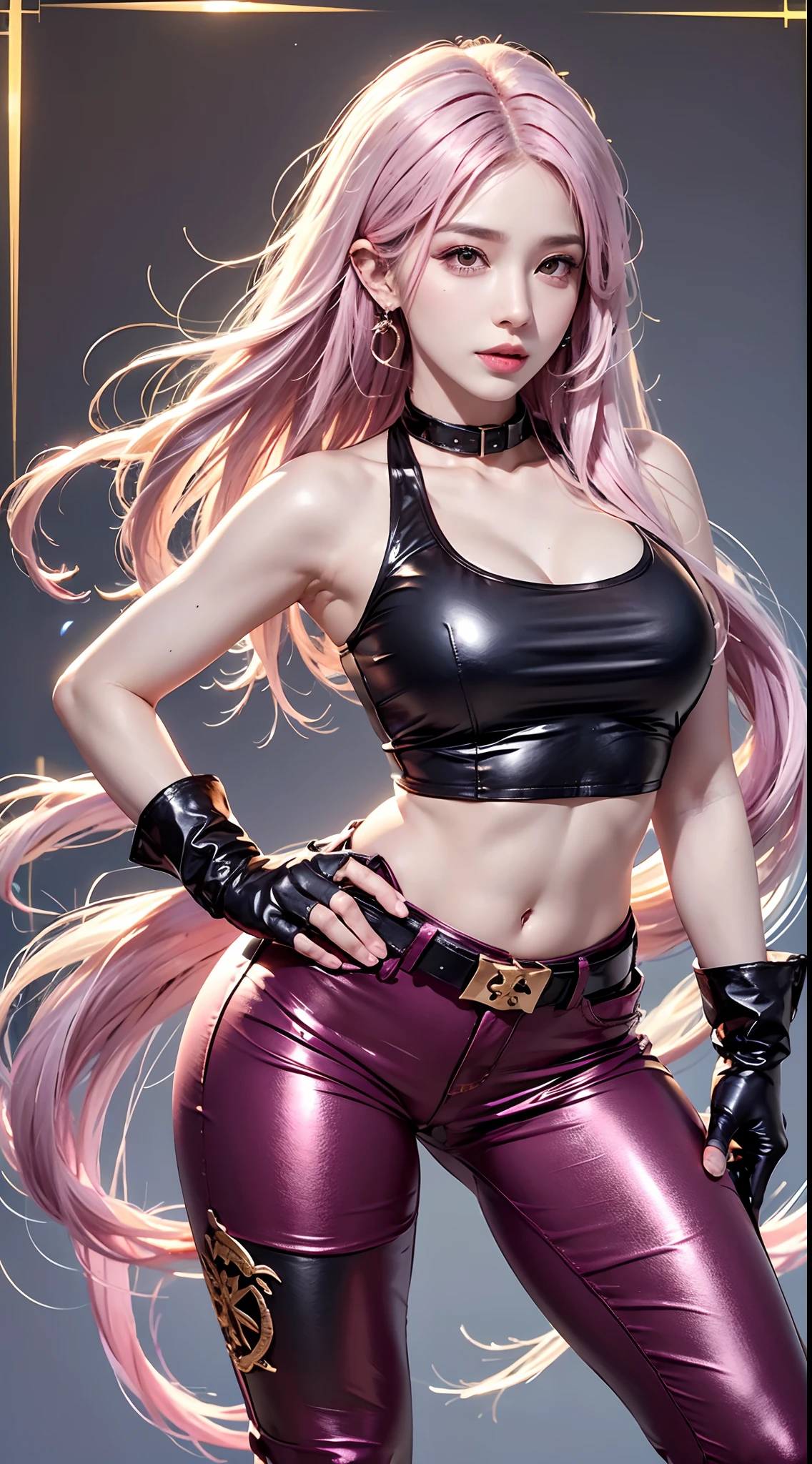 photorealistic, high resolution, 1women, mature female, solo, hips up,k/da_kai'sa,jewelry, earrings, makeup, bare shoulders, crop top, black crop top, collarbone, collar, shiny clothes, detached sleeves, crystals, gloves, elbow gloves, single fingerless glove, midriff, belt, pants, tight pants, high-waist pants, studio background, (Kpop idol), (aegyo sal:1), (pink hair:1), ((puffy eyes))