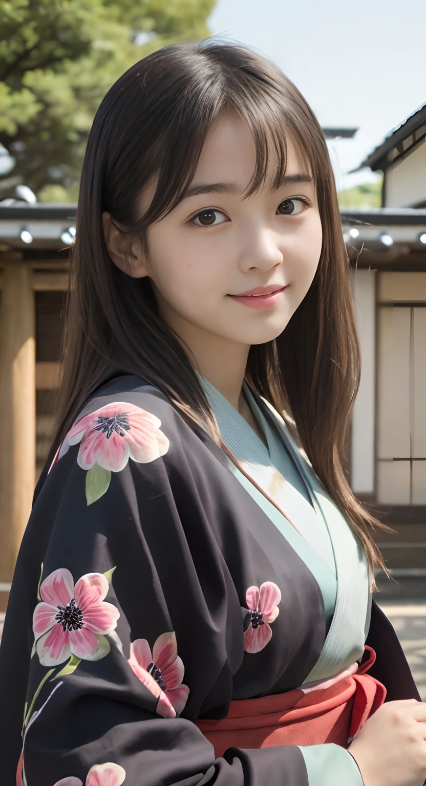 (top-quality、​masterpiece:1.2)、Best Quality、realisitic、photoshot、hight resolution、1080p、8K、Textured skin、Physical Rendering、1 Japan Girls、a junior high school student、kawaii、Young Face、Rolled hair、(japanese kimono:1.5)、kyoto、full of shyness、smil、Big