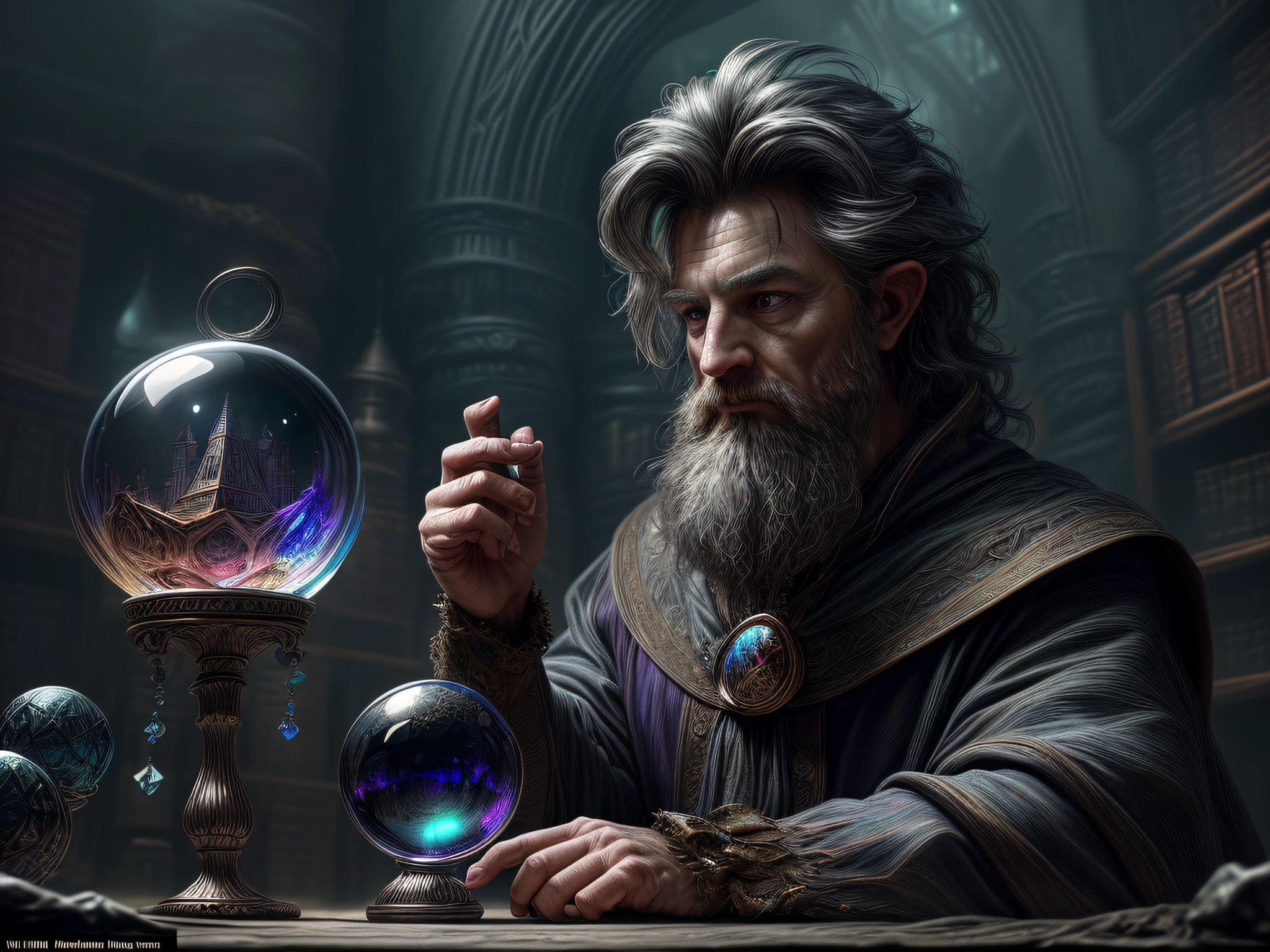 high details, best quality, 8k, [ultra detailed], masterpiece, best quality, (extremely detailed), dynamic angle, ultra wide shot, photorealistic, RAW, fantasy art, dnd art, fantasy art, realistic art, a wide angle view wallpaper of a wizard (intense details, Masterpiece, best quality: 1.5) looking into his crystal ball (intense details, Masterpiece, best quality: 1.5), [[an image of a cell phone in the crystal ball]] (intense details, Masterpiece, best quality: 1.5), human male wizard, fantasy wizard (intense details, Masterpiece, best quality: 1.5), D&D wizard, young human male (intense details, Masterpiece, best quality: 1.5), [[anatomically correct]], dynamic hair, dynamic eyes, wearing magical robe (intense details, Masterpiece, best quality: 1.5), dynamic colors, ultra detailed face (intense details, Masterpiece, best quality: 1.5), in his laboratory (intense details, Masterpiece, best quality: 1.5), many magical tomes, magical library (intense details, Masterpiece, best quality: 1.5), many magical vials, ultra wide angle from a medium distance