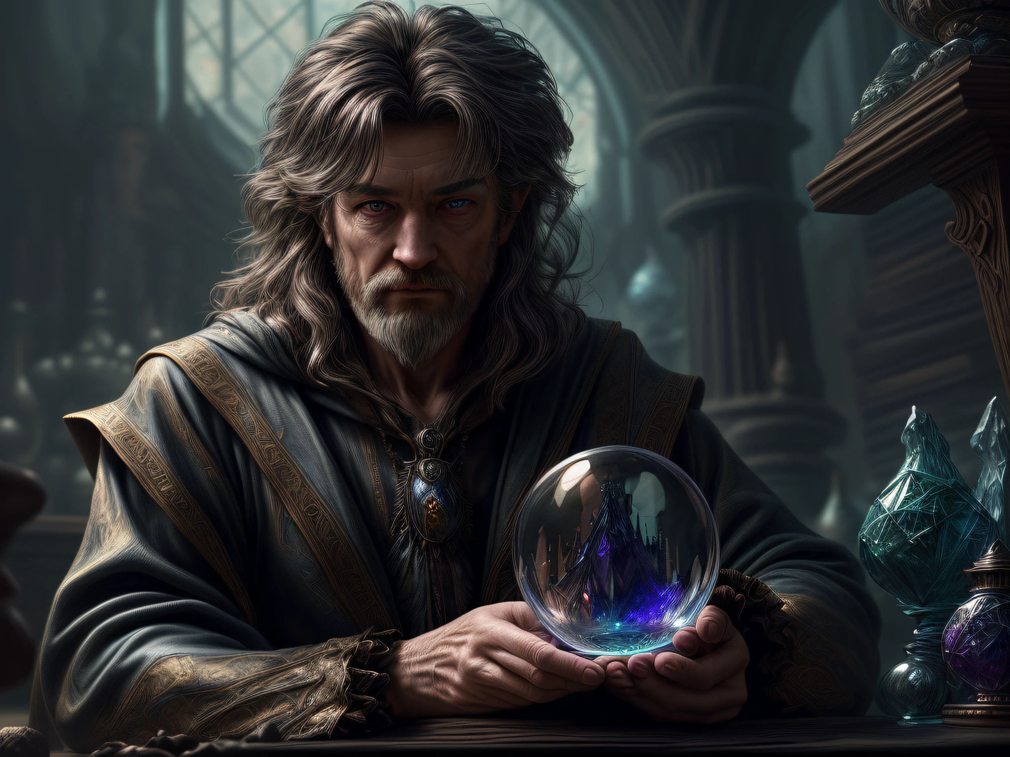 high details, best quality, 8k, [ultra detailed], masterpiece, best quality, (extremely detailed), dynamic angle, ultra wide shot, photorealistic, RAW, fantasy art, dnd art, fantasy art, realistic art, a wide angle view wallpaper of a wizard (intense details, Masterpiece, best quality: 1.5) looking into his crystal ball (intense details, Masterpiece, best quality: 1.5), [[an image of a cell phone in the crystal ball]] (intense details, Masterpiece, best quality: 1.5), human male wizard, fantasy wizard (intense details, Masterpiece, best quality: 1.5), D&D wizard, young human male (intense details, Masterpiece, best quality: 1.5), [[anatomically correct]], dynamic hair, dynamic eyes, wearing magical robe (intense details, Masterpiece, best quality: 1.5), dynamic colors, ultra detailed face (intense details, Masterpiece, best quality: 1.5), in his laboratory (intense details, Masterpiece, best quality: 1.5), many magical tomes, magical library (intense details, Masterpiece, best quality: 1.5), many magical vials, ultra wide angle from a medium distance