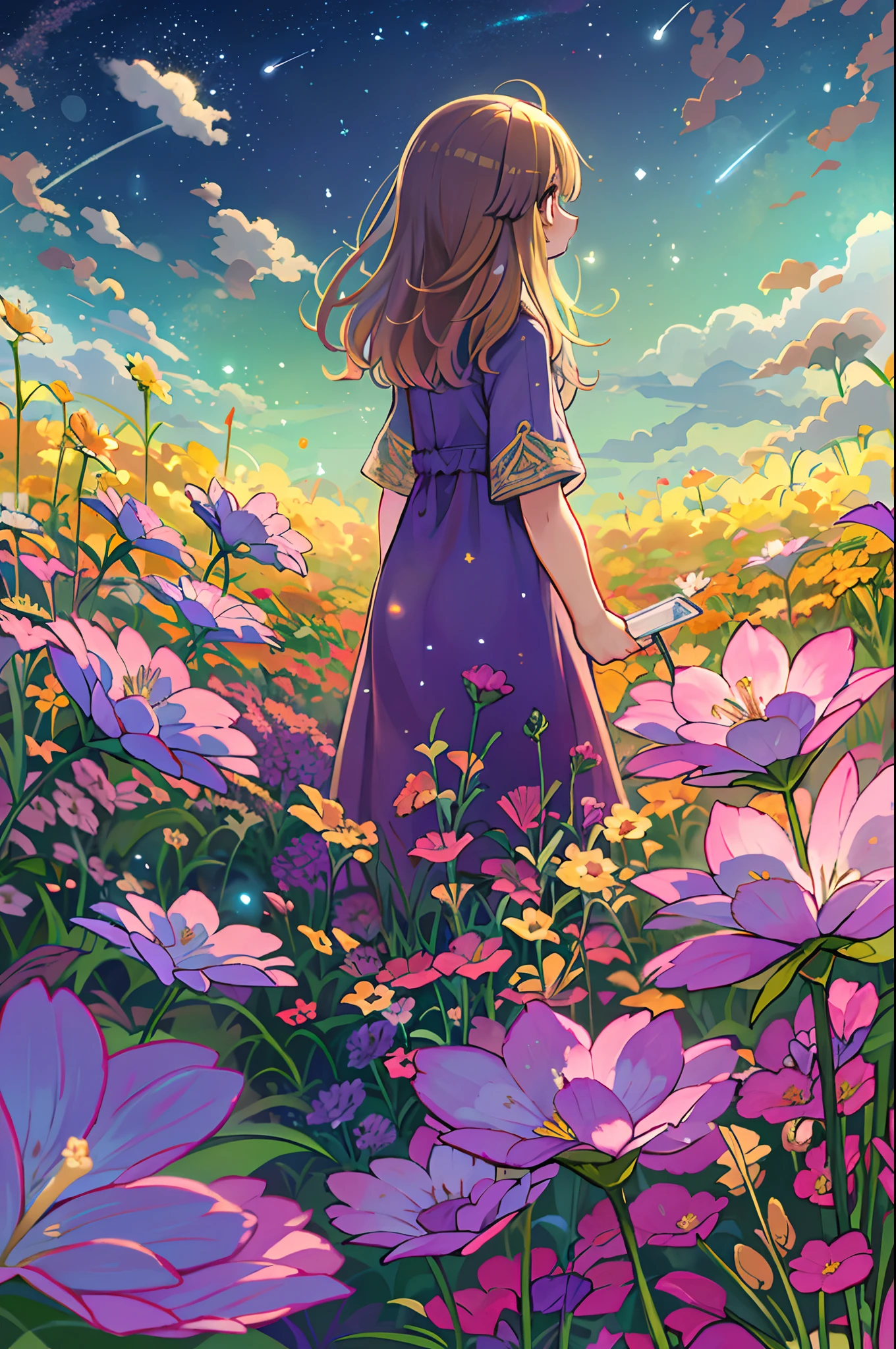 There is a girl standing in a flower field and looking up at the sky, Girl Standing In A Flower Garden, girl walking in flower field, Lost in Dreamy Wonderland, stands in a flowering field, Awesome digital painting, Sky is Xu々It will be sunny to, Starry sky is Xu々Retreat to