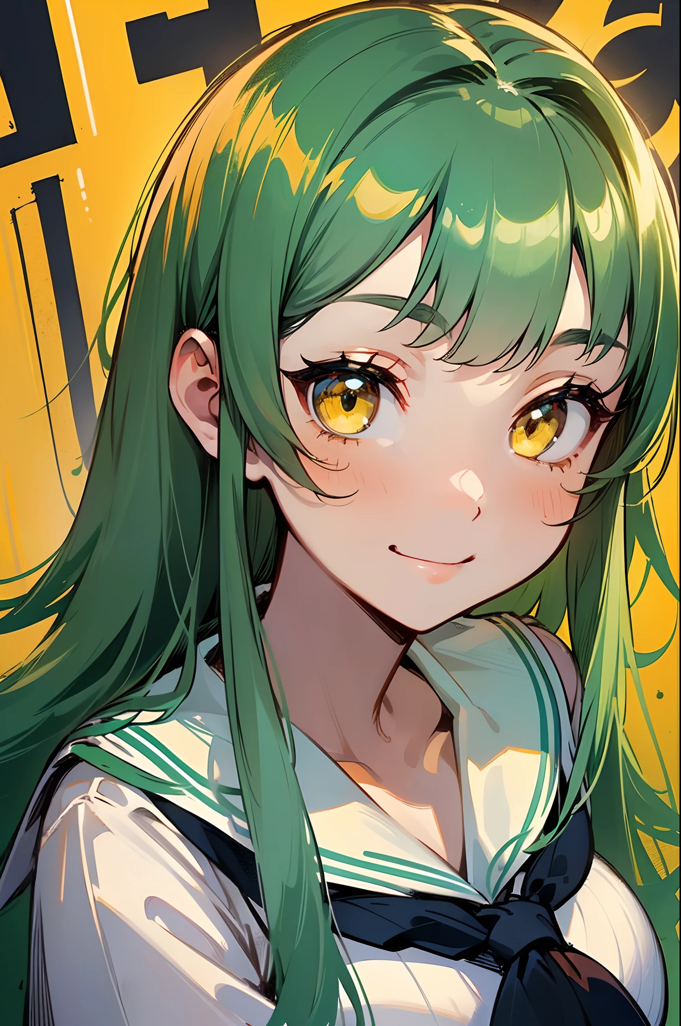 ((girl with、hi-school girl、Sailor Uniform、long green hair:1.5、straight haired、shairband:1.5、Yellow eyes、A slight smil、big breasts))