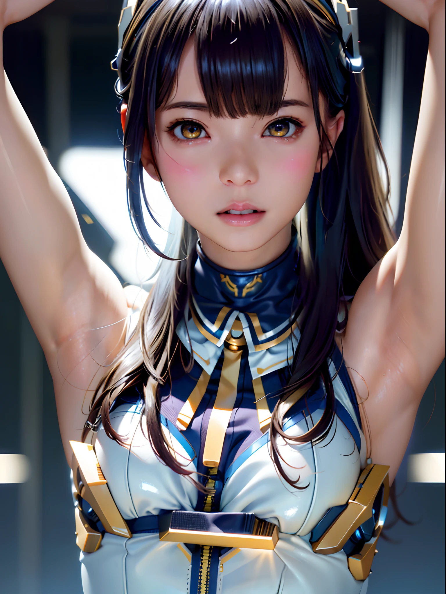 top-quality、​masterpiece、超A high resolution、(Photorealsitic:1.4)、女の子1人、Light blue hair、Straight hair, shiny and clean hair、White shiny skin、Sexy Cyberpunk Girl、((super realistic details))、Shadow、octan render、ultrasharp、hyperdetailed face、Fiberglass、Luminous tube、highly intricate detail、Realistic light、CGSoation Trends、((Golden Eyes))、(Facing the camera)、neon details、Mechanical limbs、Mechanical vertebrae attached to the back、mechanical cervical attaching to neck、Wires and cables connecting to the head、((valkyrie))、((Beam Cannon))、Combat stance