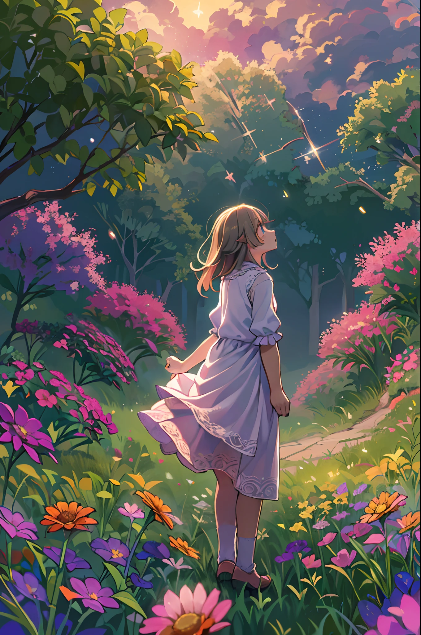 There is a girl standing in a flower field and looking up at the sky, Girl Standing In A Flower Garden, girl walking in flower field, Lost in Dreamy Wonderland, stands in a flowering field, Awesome digital painting, Sky is Xu々It will be sunny to, Starry sky is Xu々Retreat to