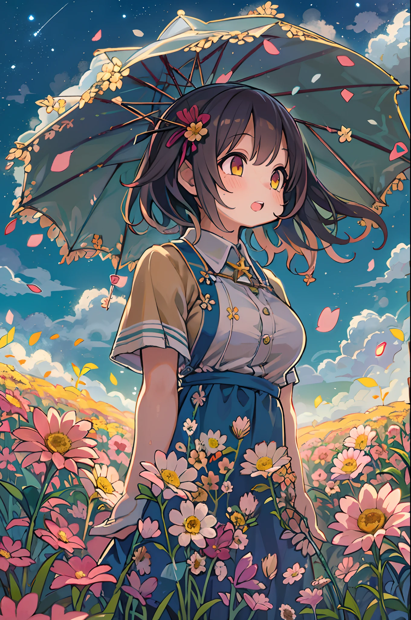 There is a girl standing in a flower field and looking up at the sky, Girl Standing In A Flower Garden, girl walking in flower field, Lost in Dreamy Wonderland, stands in a flowering field, Awesome digital painting, Sky is Xu々It will be sunny to, Starry sky is Xu々Retreat to