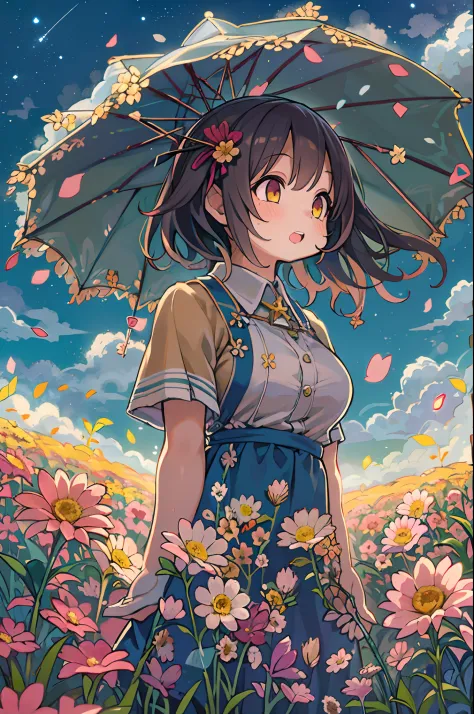 there is a girl standing in a flower field and looking up at the sky, girl standing in a flower garden, girl walking in flower f...