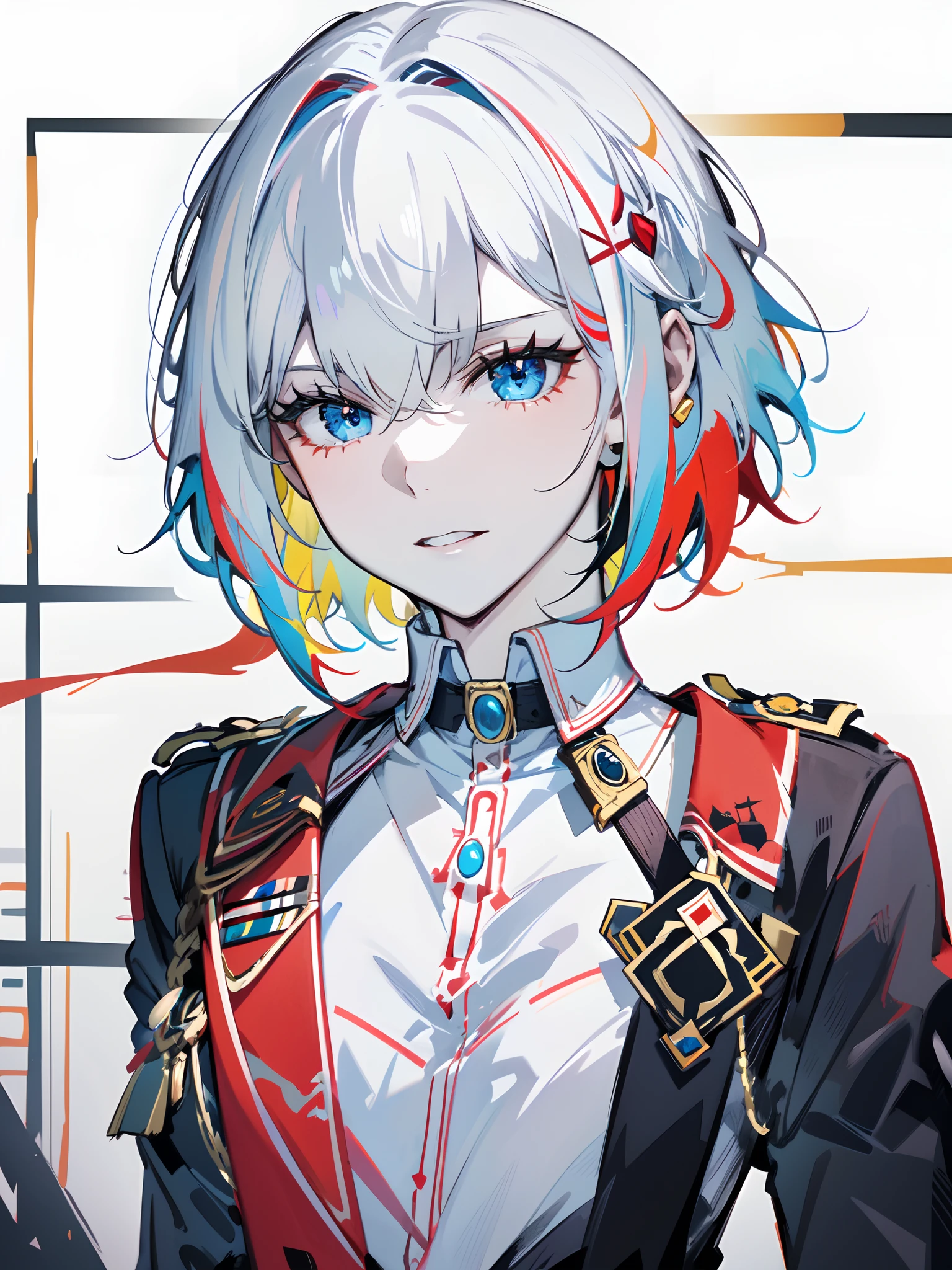 (masterpiece:1.2), (pale skin:1.2), (solo:1.2), (female:1.1), (emphasis lines:1.3), adult, blue eyes, white hair, multicolored hair, red hair, bangs, military uniform, gloves, bracelets, short hair