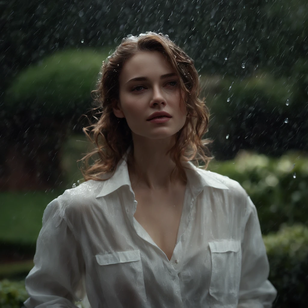 A woman in a white shirt standing in the rain - SeaArt AI