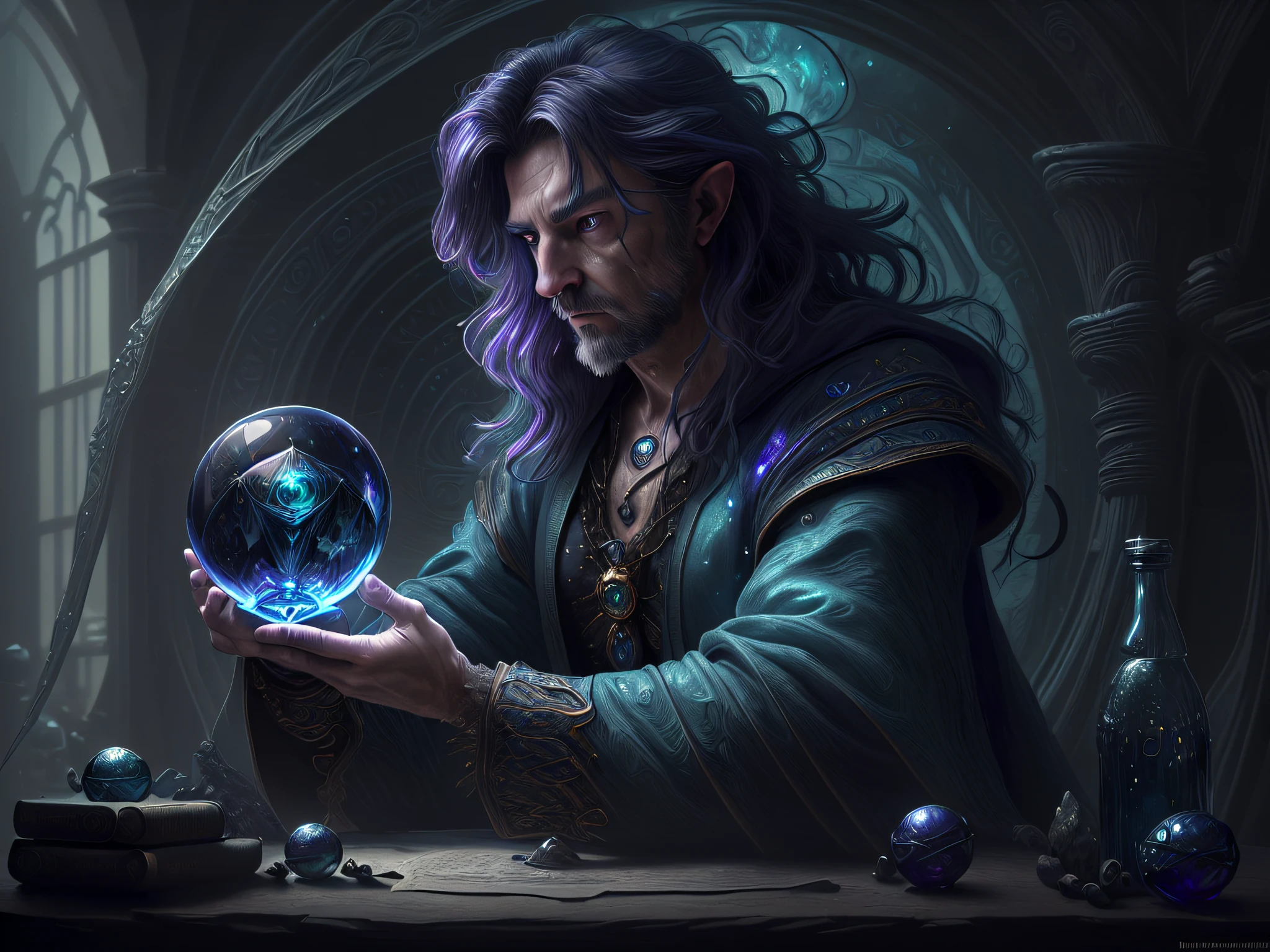 high details, best quality, 8k, [ultra detailed], masterpiece, best quality, (extremely detailed), dynamic angle, ultra wide shot, photorealistic, RAW, fantasy art, dnd art, fantasy art, realistic art, a wide angle view wallpaper of a wizard (intense details, Masterpiece, best quality: 1.5) looking into his cell phone divining  the future, (intense details, Masterpiece, best quality: 1.5), blue magical energy from the cell phone V0id3nergy  (intense details, Masterpiece, best quality: 1.5)  there is a crystal ball on the table human male wizard, fantasy wizard (intense details, Masterpiece, best quality: 1.5), D&D wizard, young human male (intense details, Masterpiece, best quality: 1.5), [[anatomically correct]], dynamic hair, dynamic eyes, wearing magical robe (intense details, Masterpiece, best quality: 1.5), dynamic colors, ultra detailed face (intense details, Masterpiece, best quality: 1.5), in his laboratory (intense details, Masterpiece, best quality: 1.5), many magical tomes, magical library (intense details, Masterpiece, best quality: 1.5), many magical vials, ultra wide angle from a medium distance