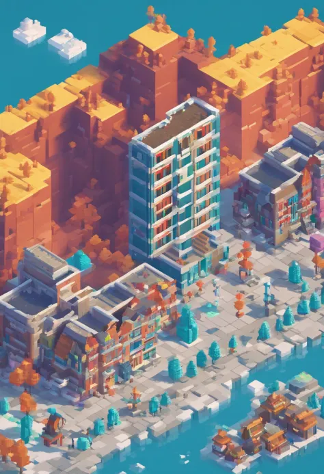 **Large arctic fence around town with 20 buildings, isometric, 科幻小说, 。.3D, game art, retro sci-fi