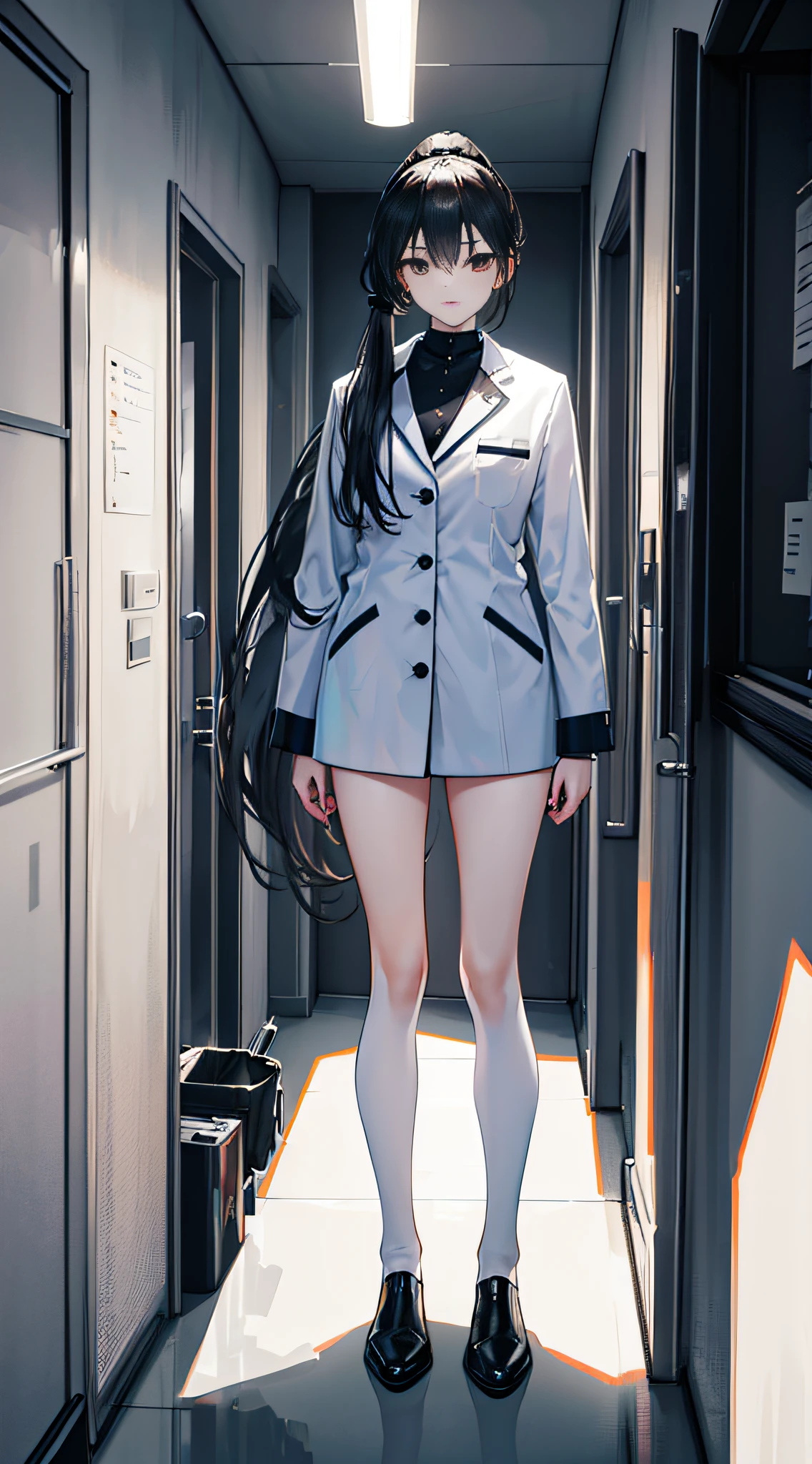 Black hair girl with black eyes, While wearing a white Business suits, Standing in the doorway. she has a ponytail，Long hair ran down her back. white stockings，Black ankle boots. The image should be of the best quality, The resolution is 4K, 8K, or higher. Details should be ultra-detailed and realistic, Even realistic. Lighting should be done professionally, Features studio lighting and clear focus. The colors should be bright，The painting should have a physically based rendering.
