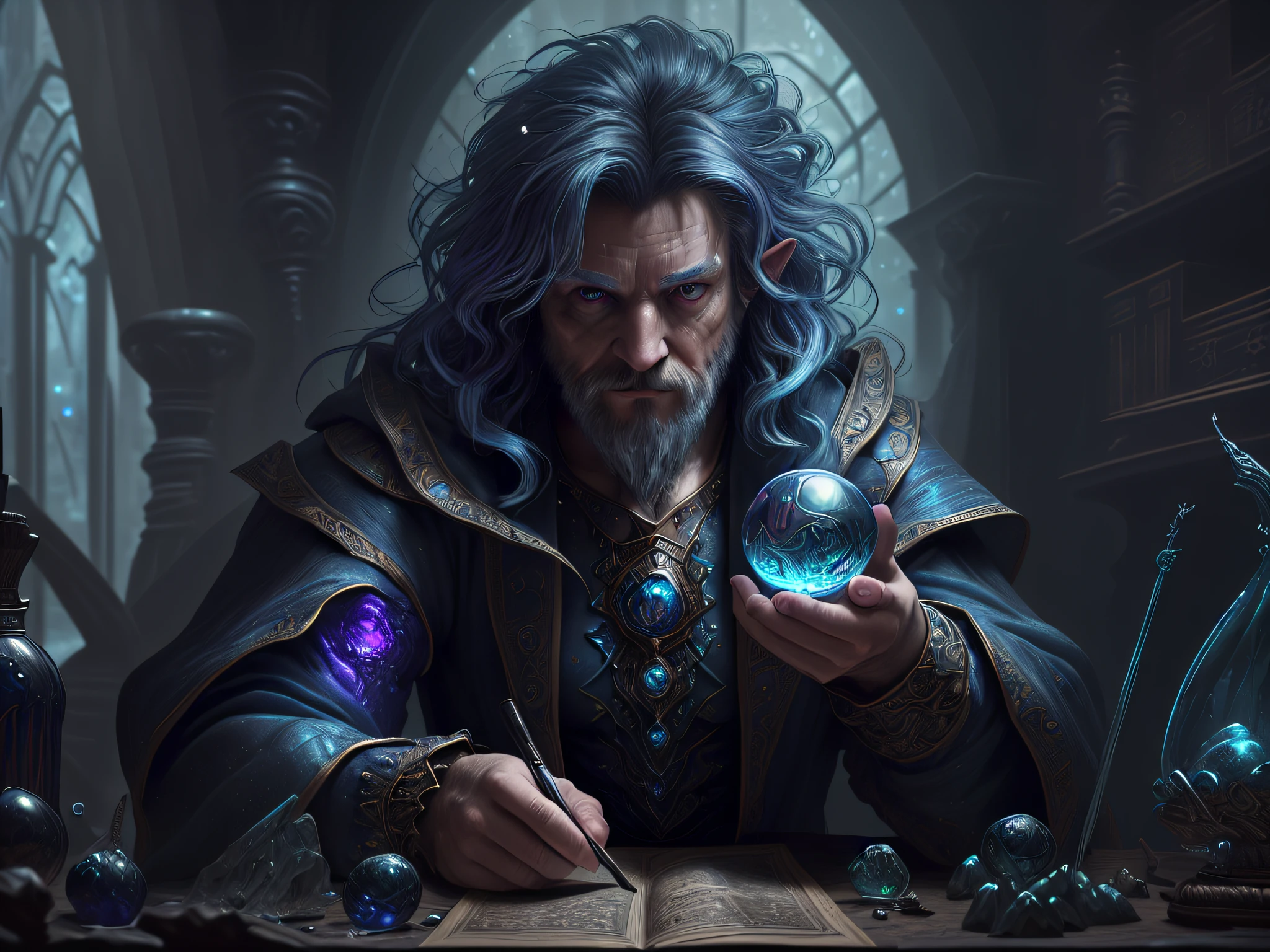 high details, best quality, 8k, [ultra detailed], masterpiece, best quality, (extremely detailed), dynamic angle, ultra wide shot, photorealistic, RAW, fantasy art, dnd art, fantasy art, realistic art, a wide angle view wallpaper of a wizard (intense details, Masterpiece, best quality: 1.5) looking into his [[cell phone]] (intense details, Masterpiece, best quality: 1.5), blue magical energy from the cell phone V0id3nergy  (intense details, Masterpiece, best quality: 1.5)  there is a crystal ball on the table,  human male wizard, fantasy wizard (intense details, Masterpiece, best quality: 1.5), D&D wizard, young human male (intense details, Masterpiece, best quality: 1.5), [[anatomically correct]], dynamic hair, dynamic eyes, wearing magical robe (intense details, Masterpiece, best quality: 1.5), dynamic colors, ultra detailed face (intense details, Masterpiece, best quality: 1.5), in his laboratory (intense details, Masterpiece, best quality: 1.5), many magical tomes, magical library (intense details, Masterpiece, best quality: 1.5), many magical vials, ultra wide angle from a medium distance