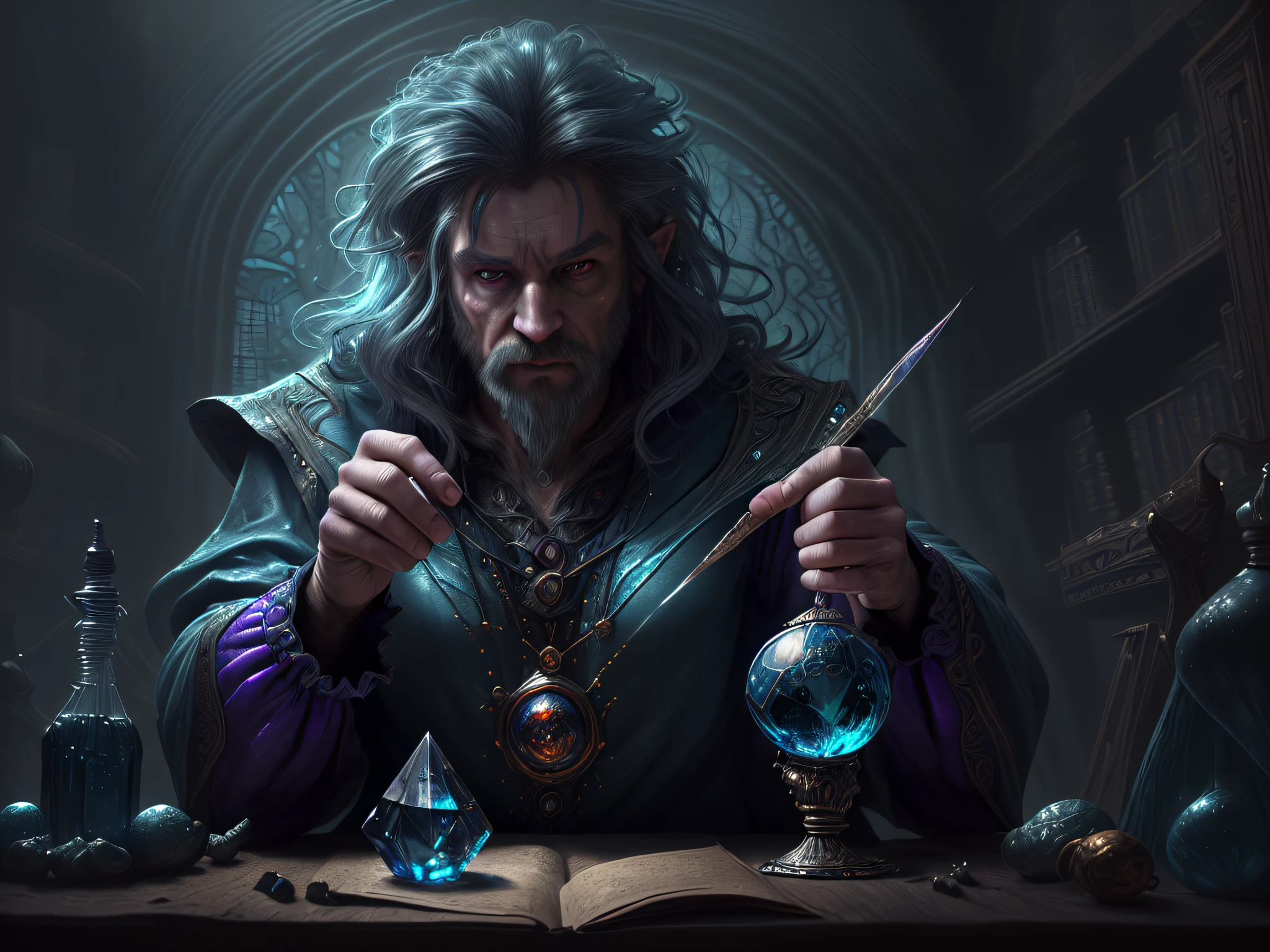 high details, best quality, 8k, [ultra detailed], masterpiece, best quality, (extremely detailed), dynamic angle, ultra wide shot, photorealistic, RAW, fantasy art, dnd art, fantasy art, realistic art, a wide angle view wallpaper of a wizard (intense details, Masterpiece, best quality: 1.5) looking into his [[cell phone]] (intense details, Masterpiece, best quality: 1.5), blue magical energy from the cell phone V0id3nergy  (intense details, Masterpiece, best quality: 1.5)  there is a crystal ball on the table,  human male wizard, fantasy wizard (intense details, Masterpiece, best quality: 1.5), D&D wizard, young human male (intense details, Masterpiece, best quality: 1.5), [[anatomically correct]], dynamic hair, dynamic eyes, wearing magical robe (intense details, Masterpiece, best quality: 1.5), dynamic colors, ultra detailed face (intense details, Masterpiece, best quality: 1.5), in his laboratory (intense details, Masterpiece, best quality: 1.5), many magical tomes, magical library (intense details, Masterpiece, best quality: 1.5), many magical vials, ultra wide angle from a medium distance