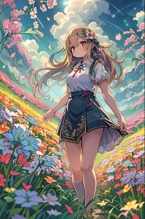 There is a girl standing in a flower field and looking up at the sky, Girl Standing In A Flower Garden, girl walking in flower f...