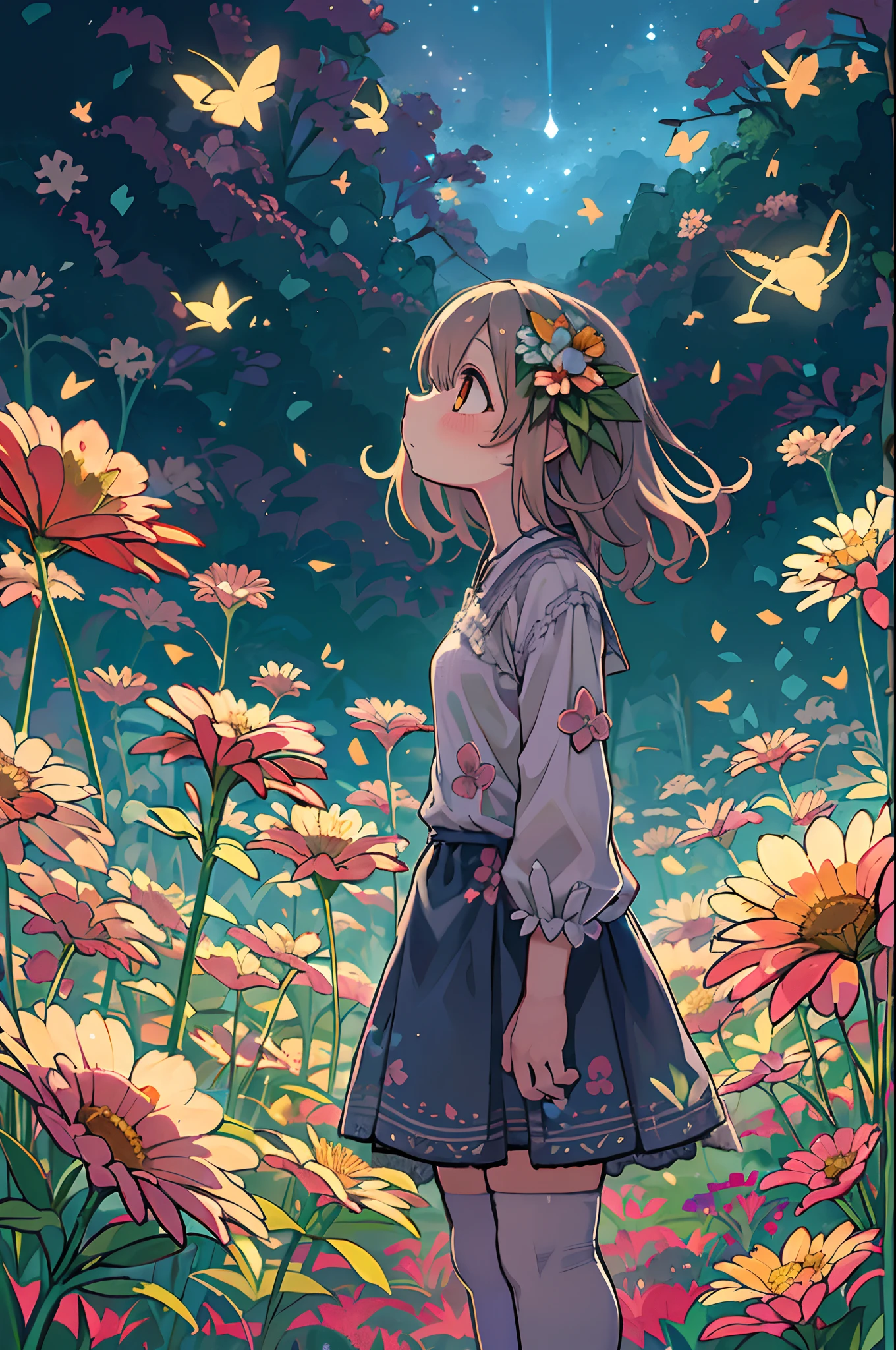 There is a girl standing in a flower field and looking up at the sky, Girl Standing In A Flower Garden, girl walking in flower field, Lost in Dreamy Wonderland, stands in a flowering field, Awesome digital painting, Sky is Xu々It will be sunny to, Starry sky is Xu々Retreat to