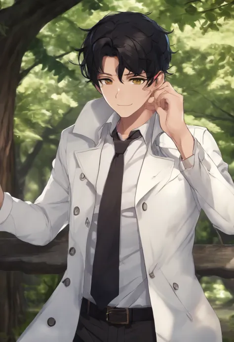 Handsome anime man，Short black hair and bright eyes，The body is well-proportioned，wiry。Clothes wearing a white trench coat、Under the trees