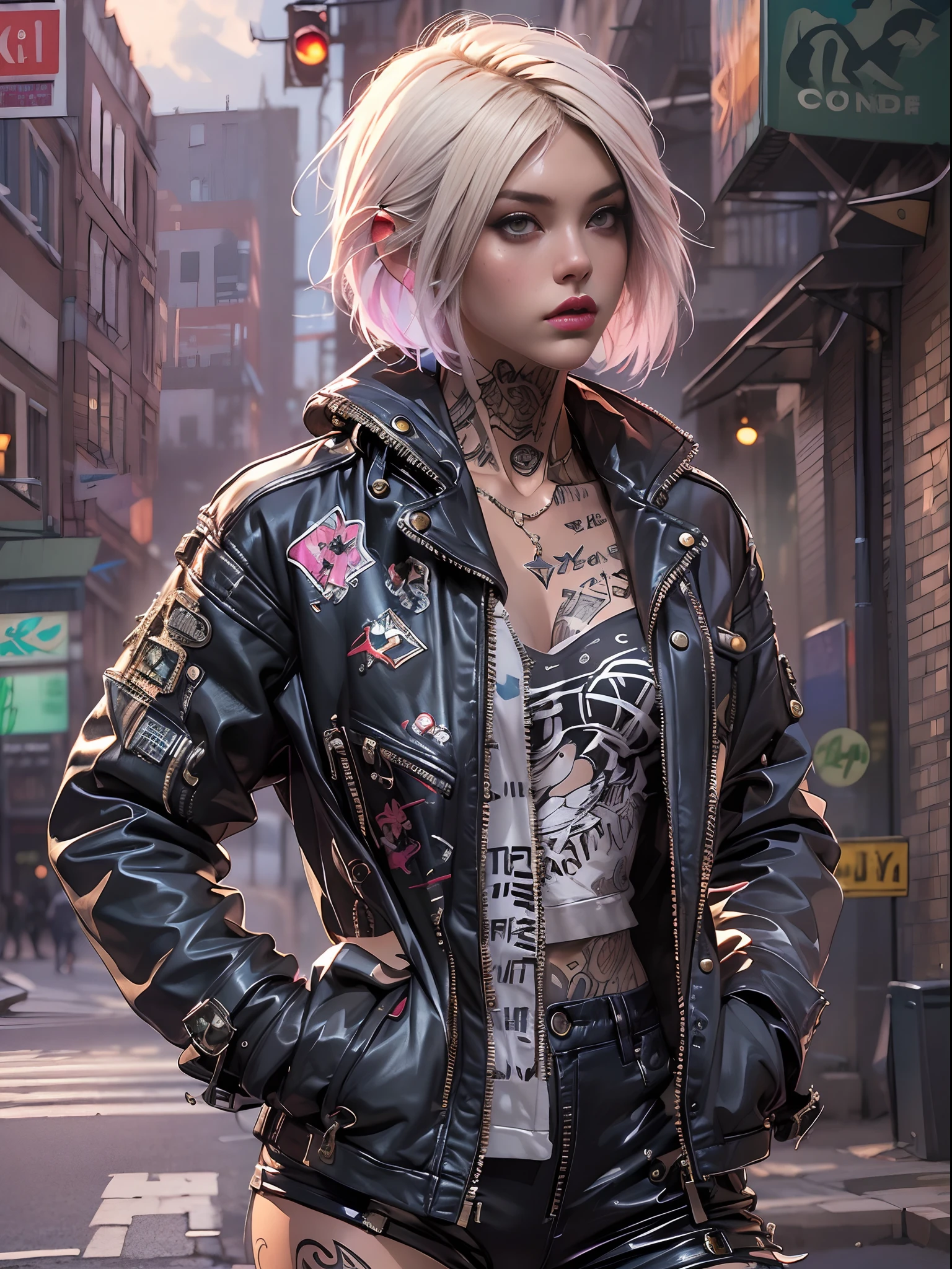 (((of the highest quality: 1.4))),(unparalleled masterpiece ever), (Ultra high definition),(Ultra-realistic 8K CG), offcial art、 (((adult body))), (((1girl in))), ((( Bob Shorthair ))), Punk girl with a perfect body, Jacket with metal spines,Beautiful and well-groomed face,,Detailed punk fashion,leather jackets, (Image from head to thigh),(( White Blonde Bob Shorthair )), Small leather panties, Simon Bisley's urban savage style,Detailed London street background,Clean abs, Complex graphics, Dark pink with white stars and gray and white stripes, (( Many poison tattoos )), ,