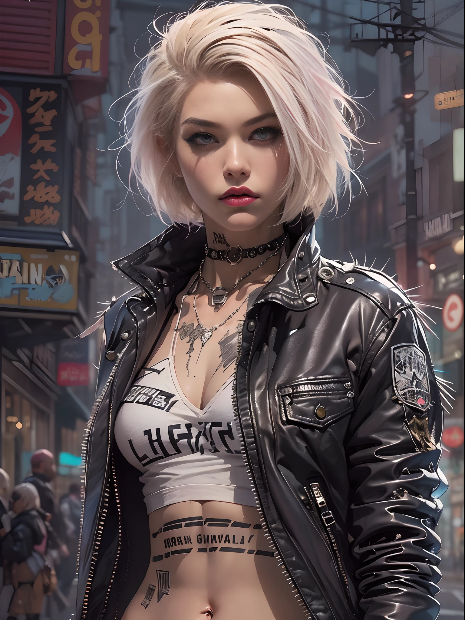 (((of the highest quality: 1.4))),(unparalleled masterpiece ever), (Ultra high definition),(Ultra-realistic 8K CG), offcial art、 (((adult body))), (((1girl in))), ((( Bob Shorthair ))), Punk girl with a perfect body, Jacket with metal spines,Beautiful and well-groomed face,,Detailed punk fashion,leather jackets, (Image from head to thigh),(( White Blonde Bob Shorthair )), Small leather panties, Simon Bisley's urban savage style,Detailed London street background,Clean abs, Complex graphics, Dark pink with white stars and gray and white stripes, (( Many poison tattoos )), ,