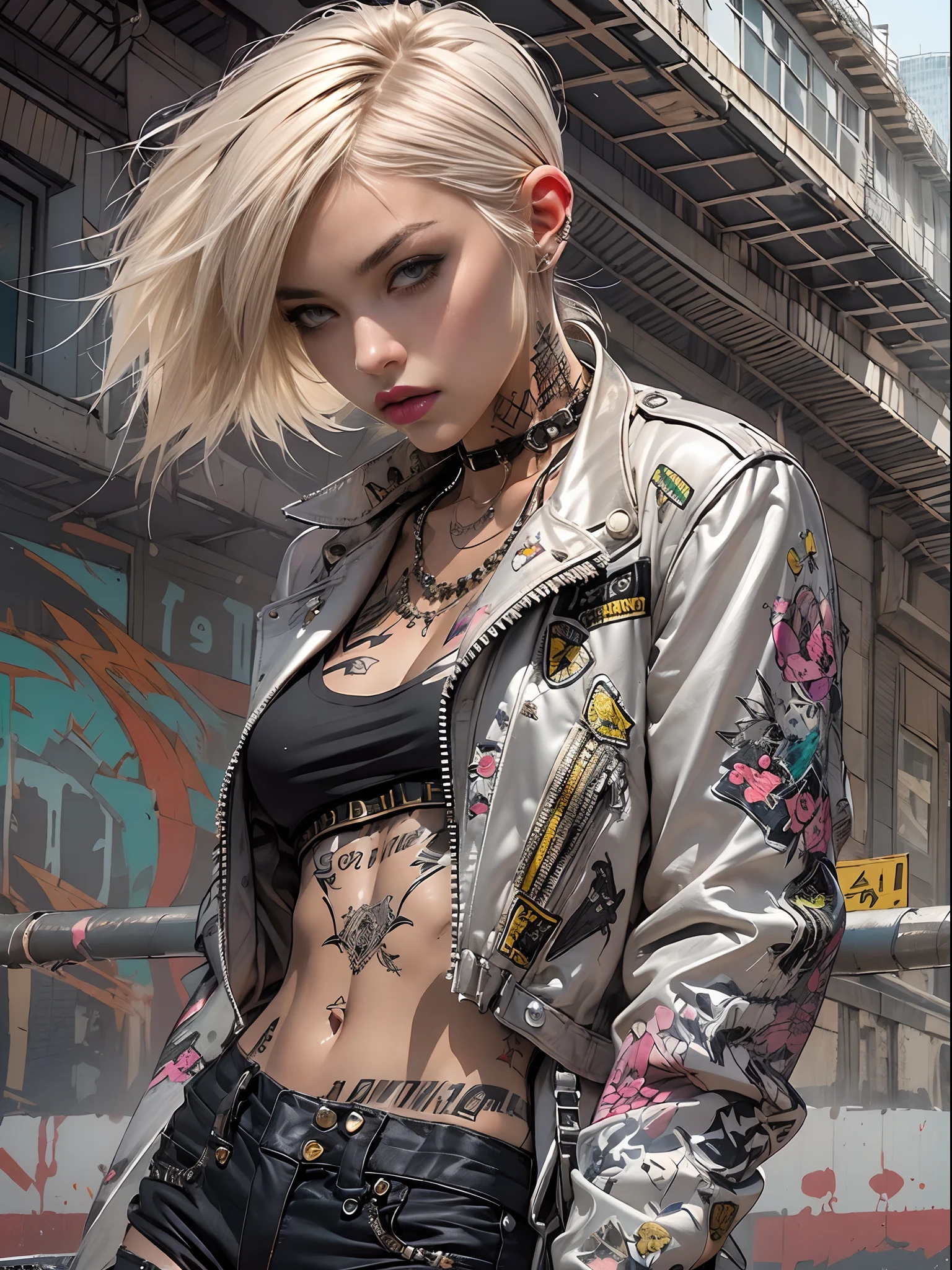 (((of the highest quality: 1.4))),(unparalleled masterpiece ever), (Ultra high definition),(Ultra-realistic 8K CG), offcial art、 (((adult body))), (((1girl in))), ((( Bob Shorthair ))), Punk girl with a perfect body, Jacket with metal spines,Beautiful and well-groomed face,,Detailed punk fashion,leather jackets, (Image from head to thigh),(( White Blonde Bob Shorthair )), Small leather panties, Simon Bisley's urban savage style,Detailed London street background,Clean abs, Complex graphics, Dark pink with white stars and gray and white stripes, (( Many poison tattoos )), ,