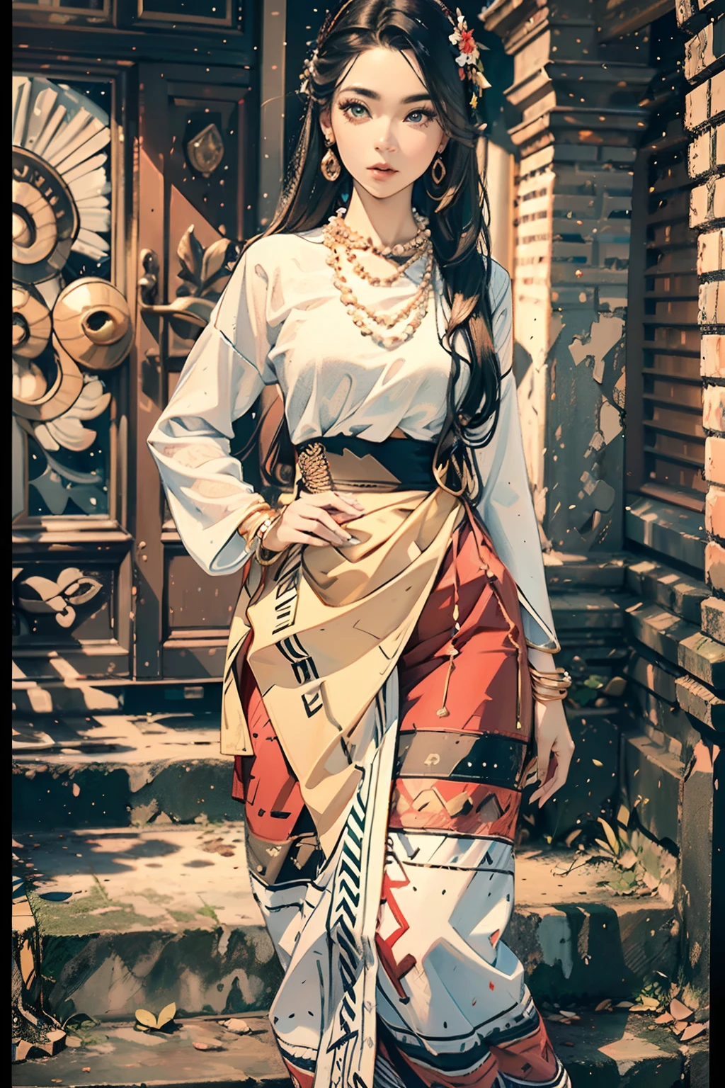 (best quality,4k,8k,highres,masterpiece:1.2),ultra-detailed,(realistic,photorealistic,photo-realistic:1.37), MMTD Burmese patterned traditional dress, beautiful lady wearing the dress, detailed eyes and face, long eyelashes, wear pearl necklaces and gold bracelets, soft natural lighting ,ancient city,standing full body details