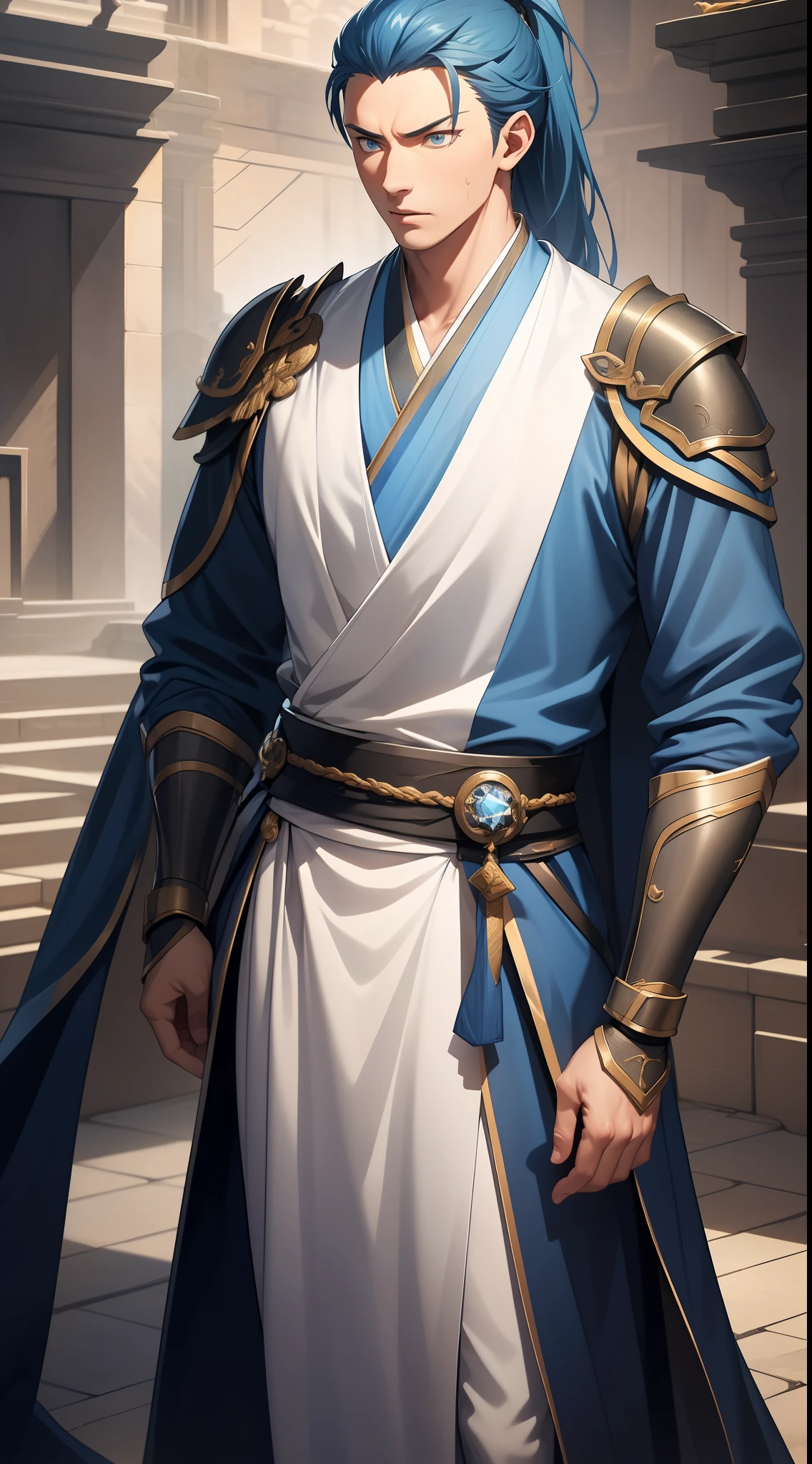 quadratic element，style of anime，mtu（Male Warrior），The proportions are correct，Face details，swordsmen，High ponytail hairstyle，Neck details，There is an Adam's apple，Blue suit，kaftan，long blue robes，clothes details，Handing over，longer sleeves，Game quality，Swordsmanship，Light and shadow tracking，Ray traching，detailed glow，cg render，hair detail，Blue long hair，blue colored eyes，Handsome，Handsome，（juvenile sense），Clothing is complicated，Perfectcomposition，Refinement，high qulity，higher details，Lots of details，The background is complex，a sense of atmosphere，