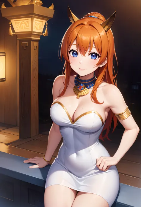 Kousaka honoka, blue eyes, orange hair, Egyptian queen custom,white strapless bodycon dress ,Egyptian scratch on head, Bettie Page, ancient Egypt, standing, on the lap of the God Anubis in sexy pose, smile, cleavage, medium hair, solo, facing viewer