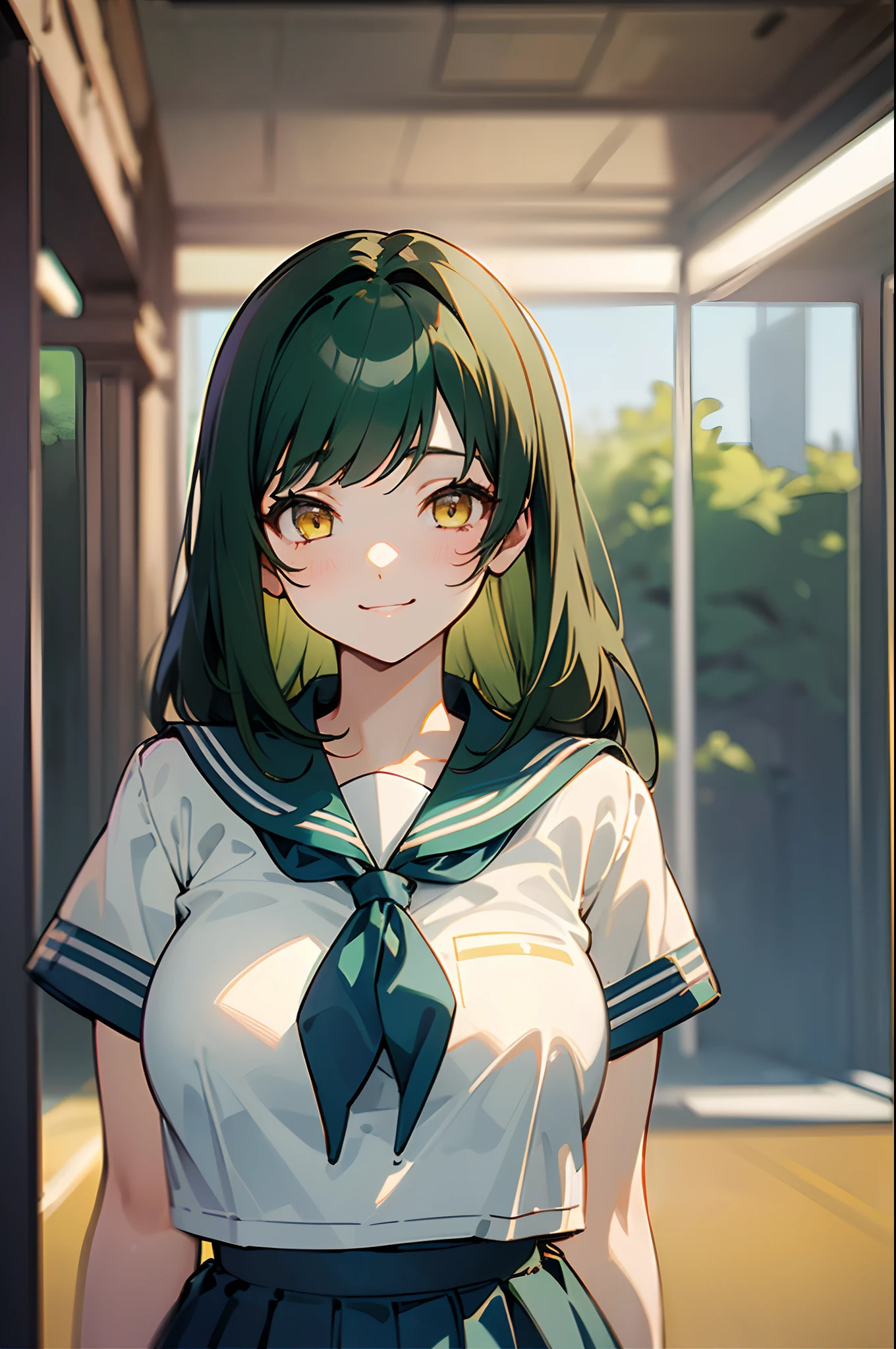 ((girl with、hi-school girl、Sailor Uniform、Dark green hair:1.5、straight haired、shairband:1.5、Yellow eyes、A slight smil、Big breasts))